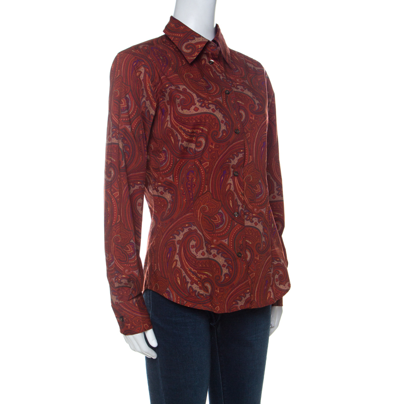 

Etro Burnt Orange Paisley Print Cotton Fitted Button Down Shirt