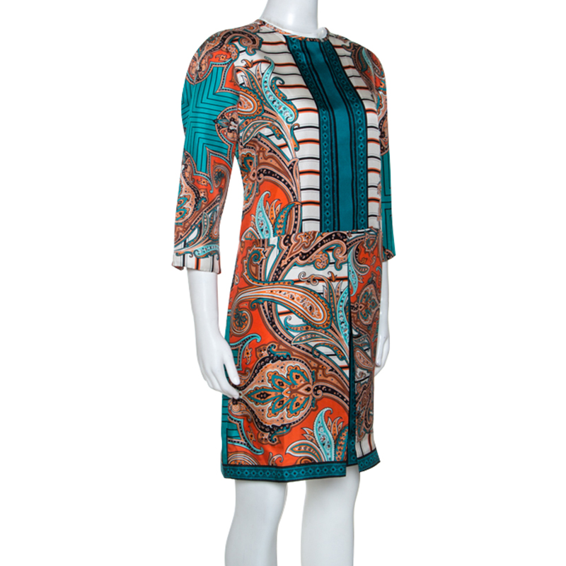 

Etro Teal & Orange Paisley Printed Silk Shift Dress, Blue