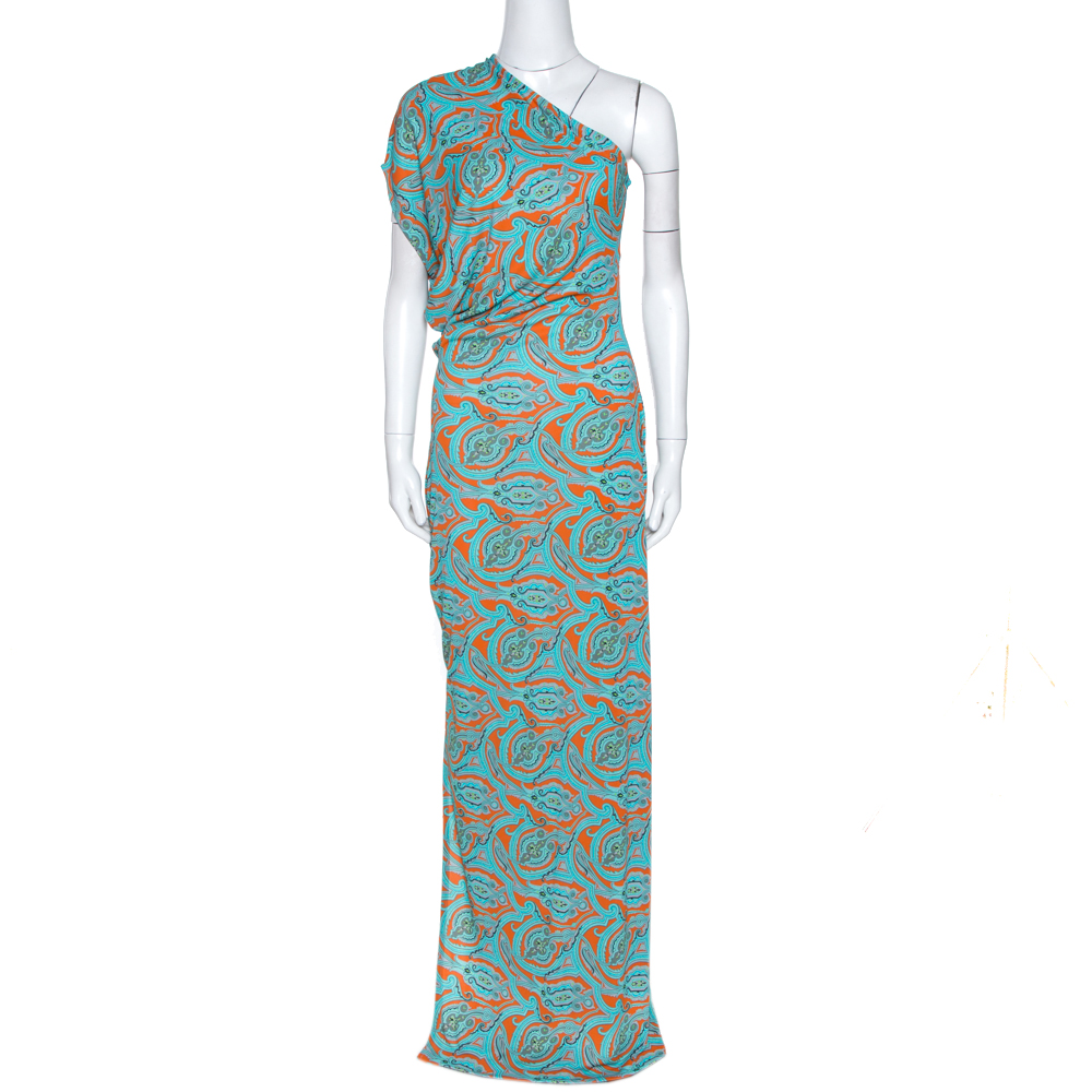 Pre Owned Etro Orange & Teal Paisley Printed Jersey One Shoulder Dress L 