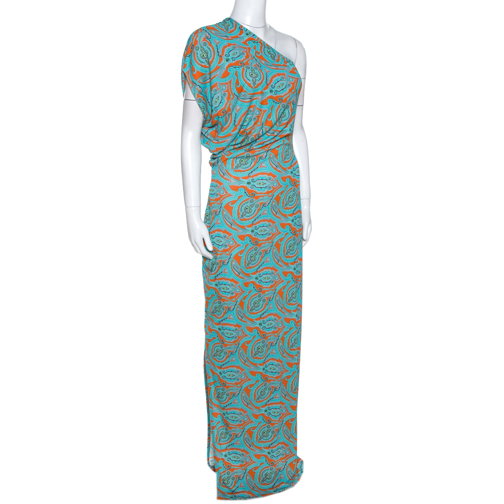 

Etro Orange & Teal Paisley Printed Jersey One Shoulder Dress