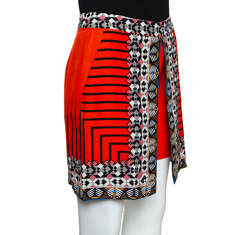 

Etro Scarlet Orange Silk Crepe Tribal Print Mini Skort