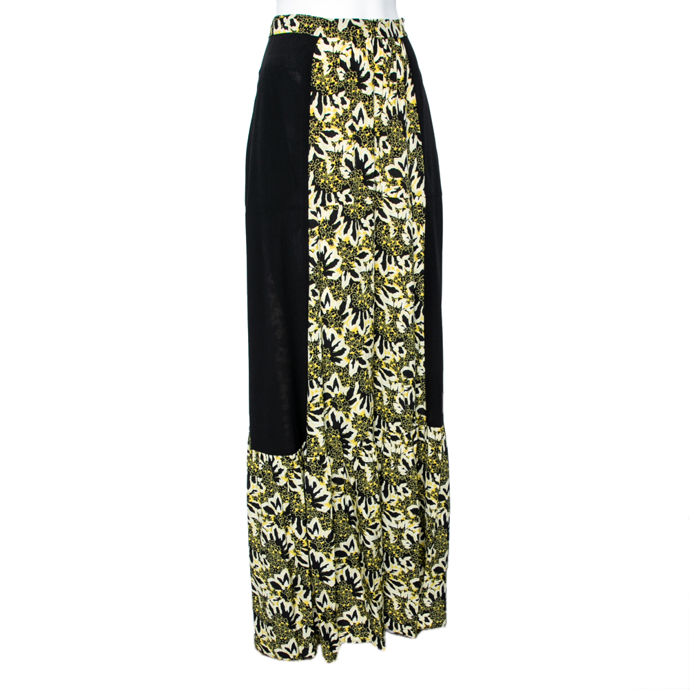 

Etro Yellow & Black Floral Printed Silk Maxi Skirt