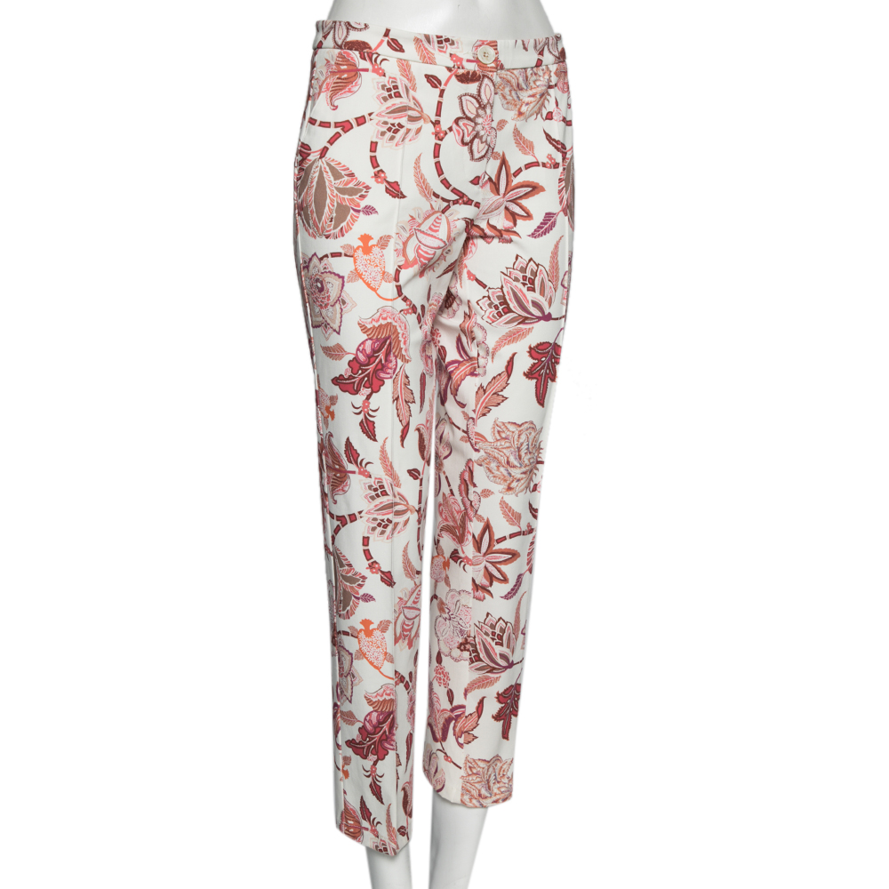 

Etro Off White Floral Printed Stretch Cotton Trousers