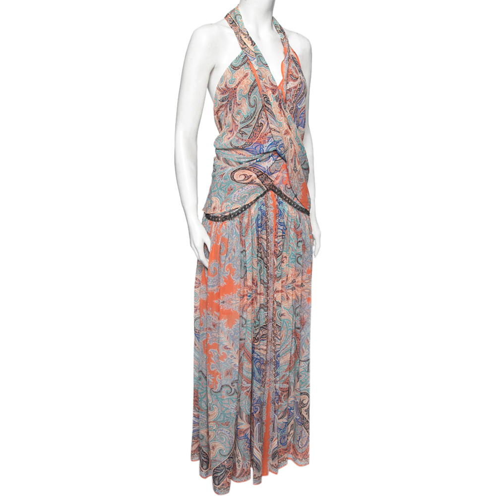 

Etro Multicolor Printed Silk Pleated Front Halter Neck Ruffle Maxi Dress