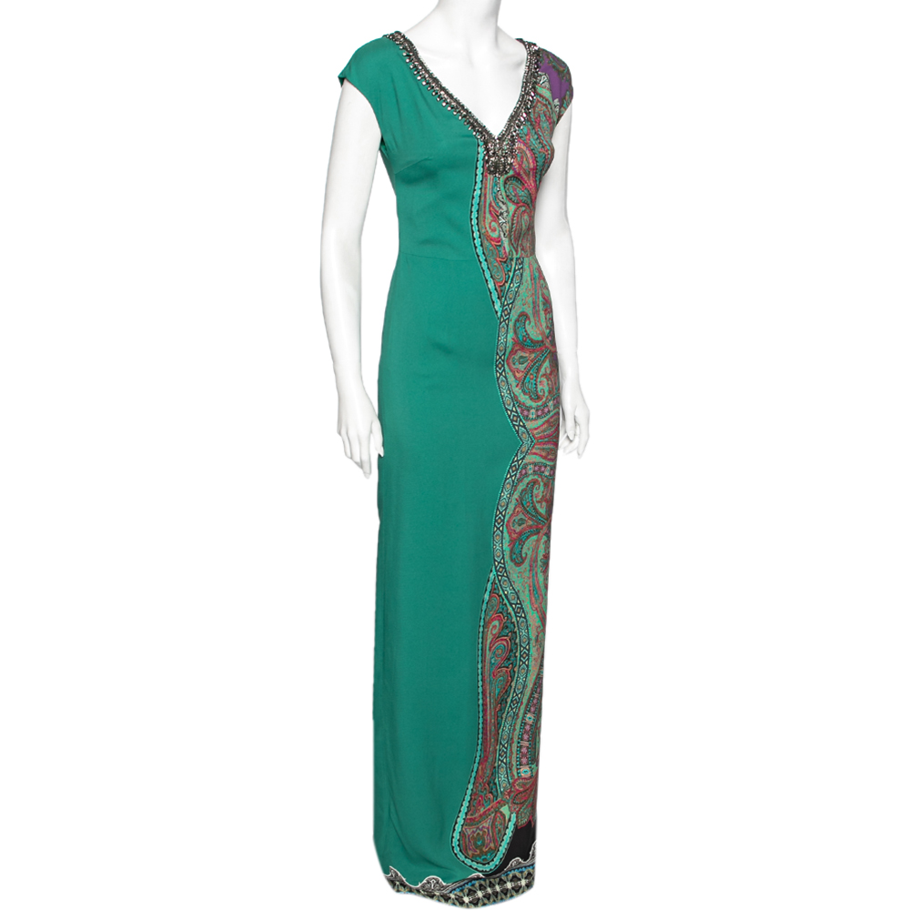 

Etro Green Paisley Printed Crepe Embellished Neck Maxi Dress