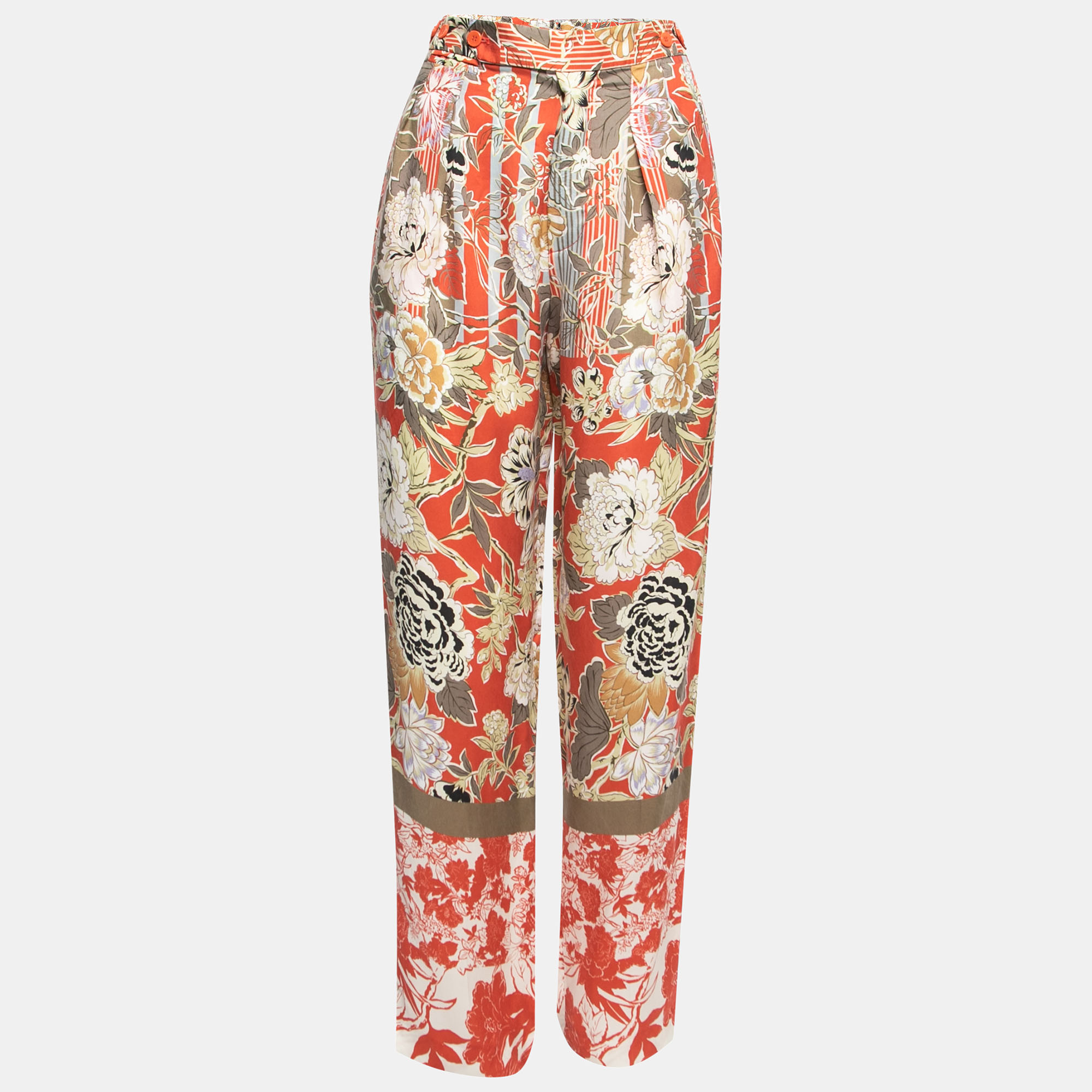 Etro Multicolor Floral Print Crepe High Waist Tapered Trousers M