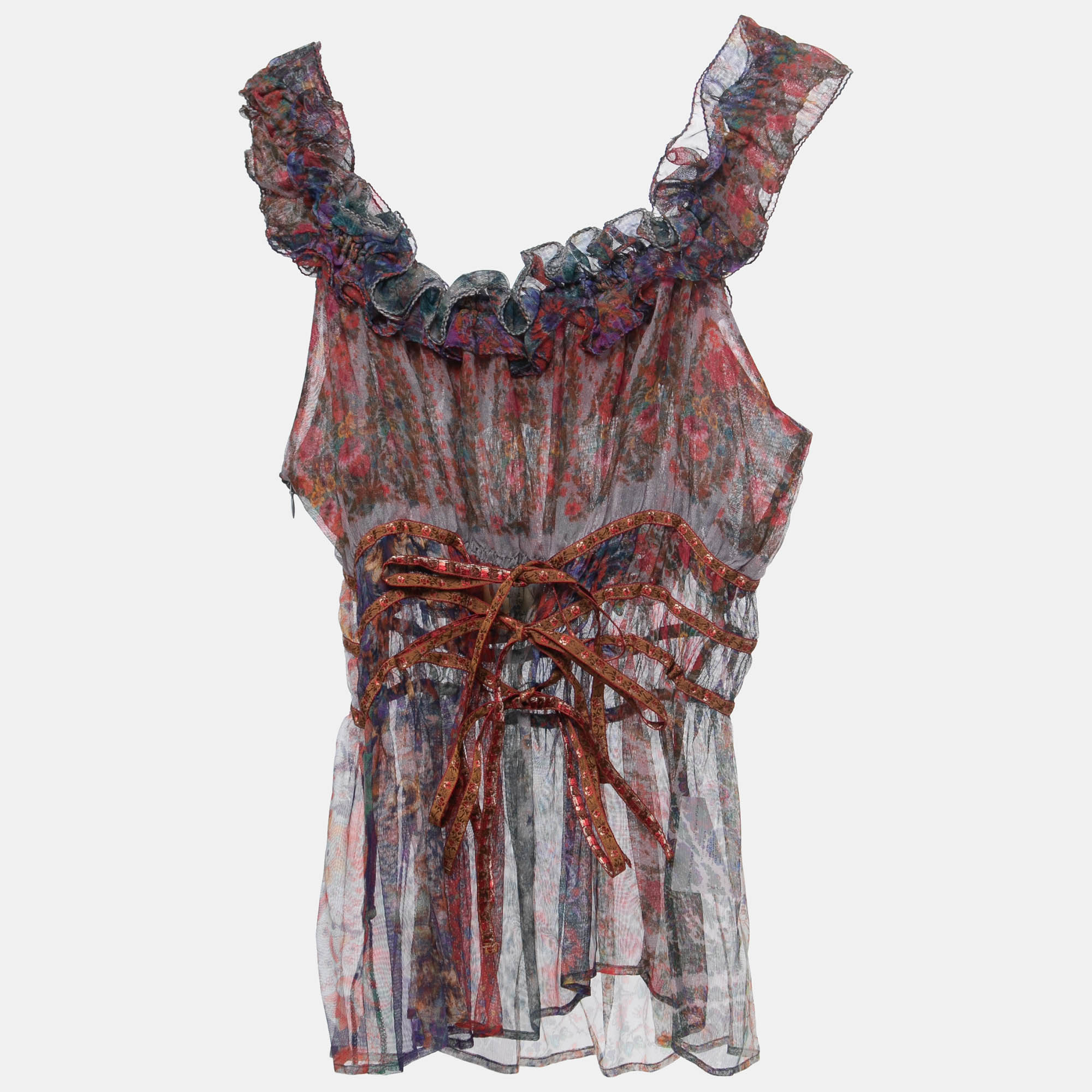 

Etro Multicolor Floral Printed Mesh Ruffled String Detail Top