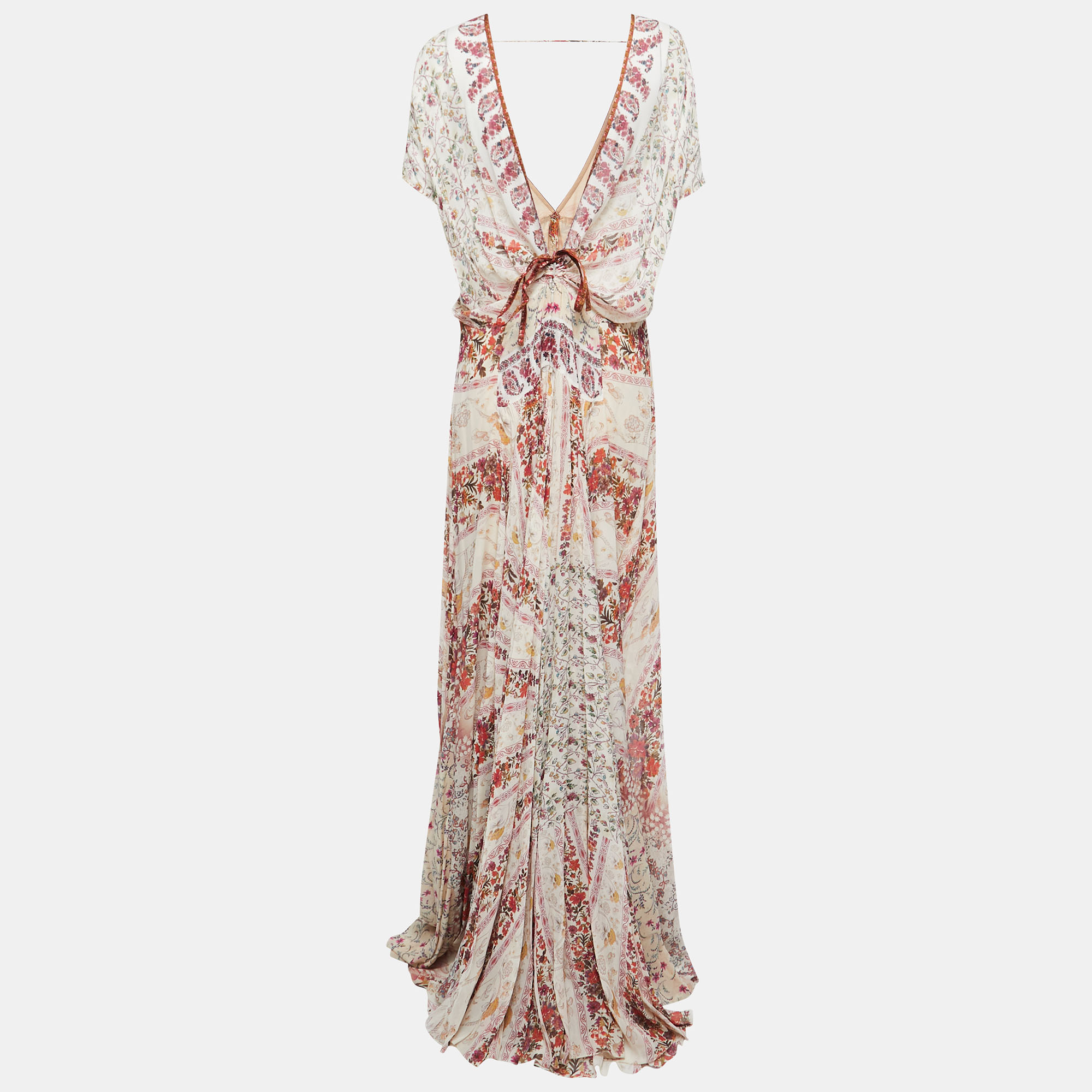 

Etro cream Floral Printed Silk Patchwork Detail Plunge Neck Gown