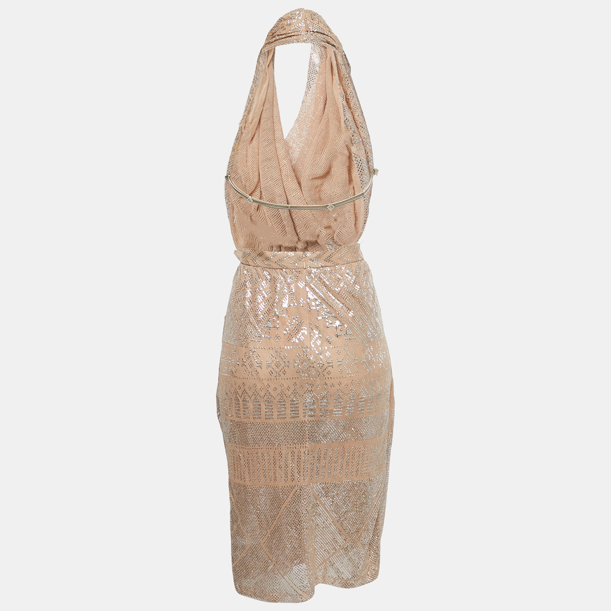 

Etro Beige Metallic Silk Knit Backless Draped Midi Dress