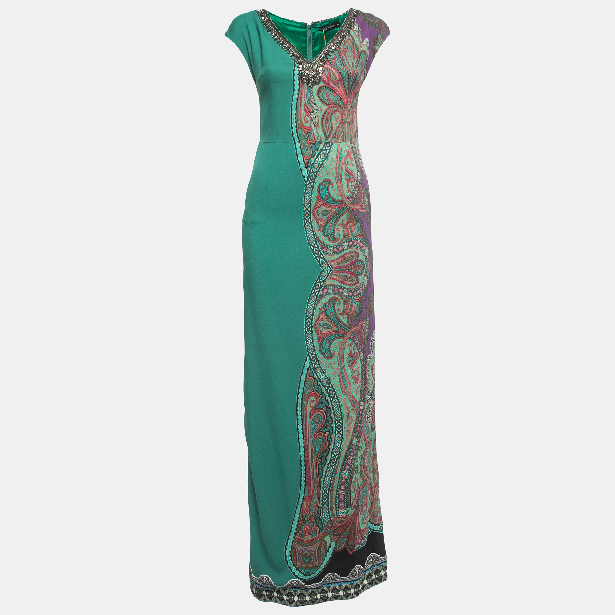 

Etro Green Paisley Printed Crepe Embellished Maxi Dress