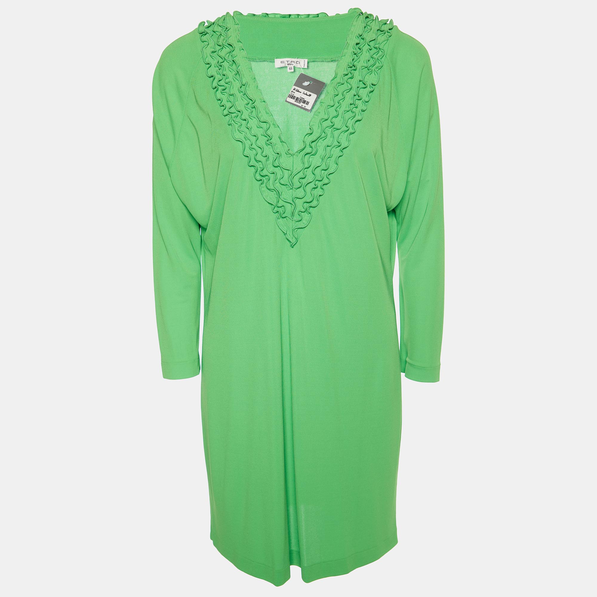 Pre-owned Etro Green Jersey Frill Neck Detail Mini Dress L