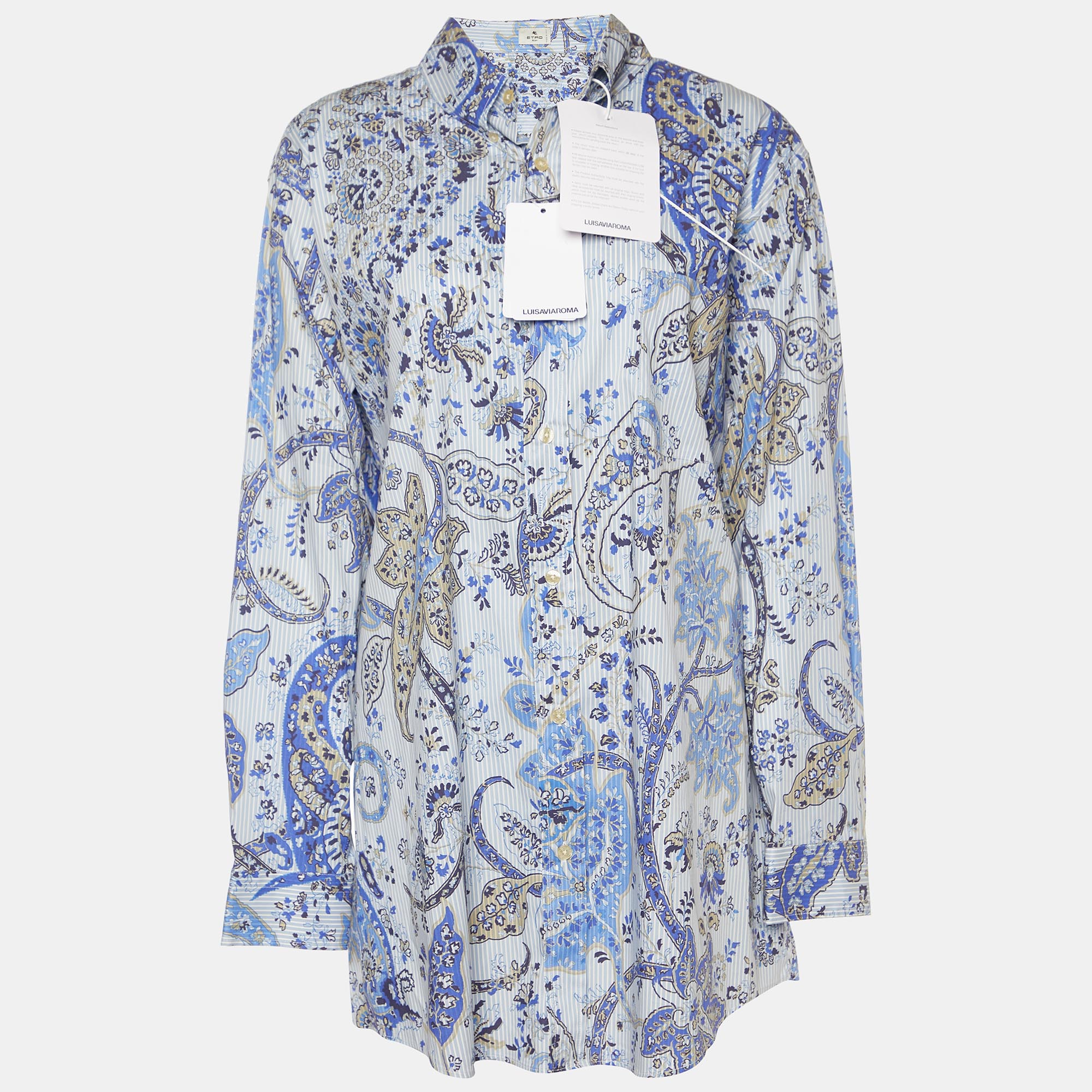 مملوكة مسبقًا قميص إيترو قطن مخلوط أزرق طباعة بيزلي بأزرار أمامية مقاس كبير جدًا - إكس لارج