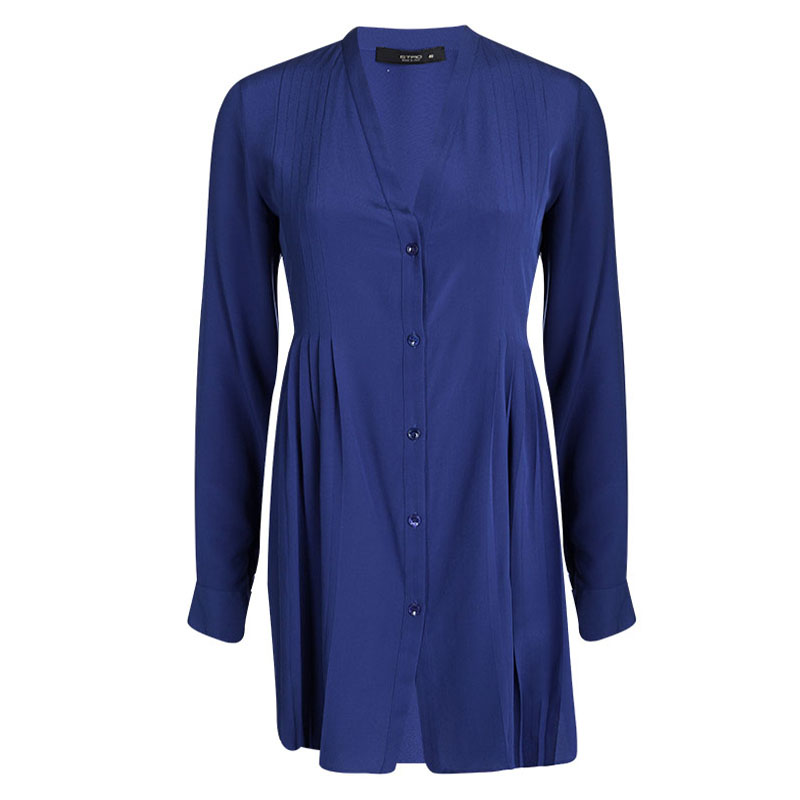 Pre Owned Etro Blue Silk Pleat Detail Long Sleeve Blouse S