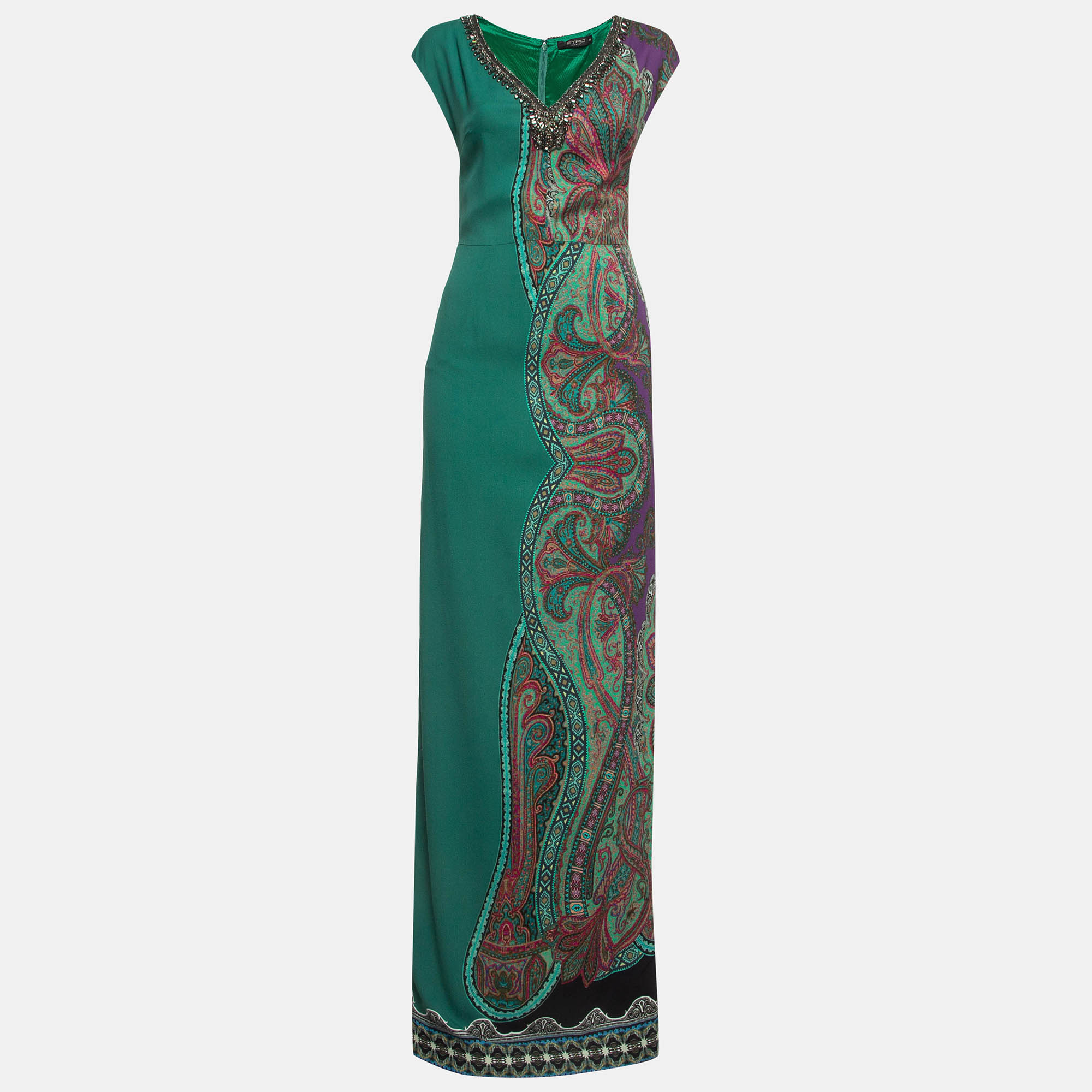 

Etro Green Printed Crepe Detailed Neck Maxi Dress S