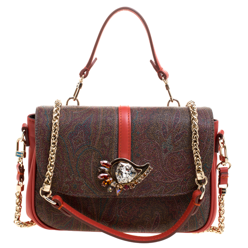 Pre Owned حقيبة كتف إيترو جلد طباعة بيزلي برتقالية حمراء