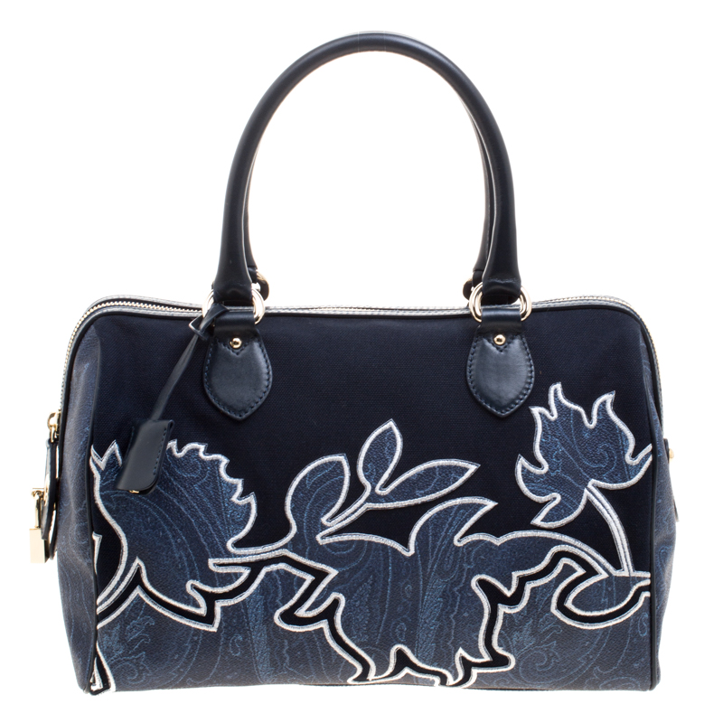 Etro Navy Blue Paisley Embroidered Coated Canvas Satchel Etro | TLC