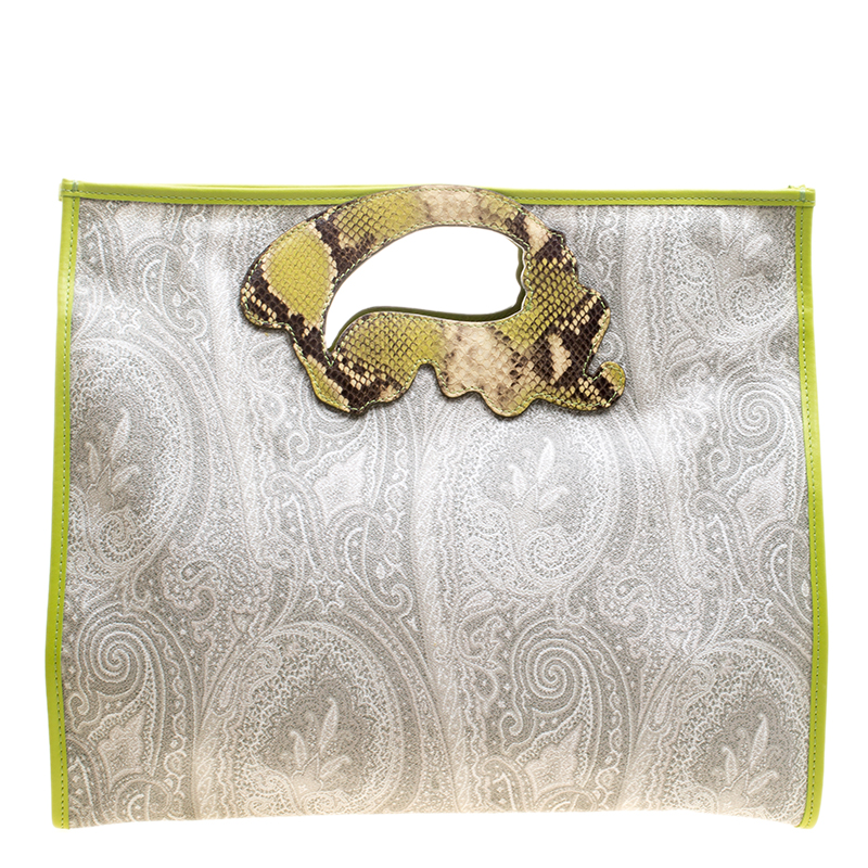 Etro Grey/Green Paisley Coated Canvas Python Embossed Detail Bag