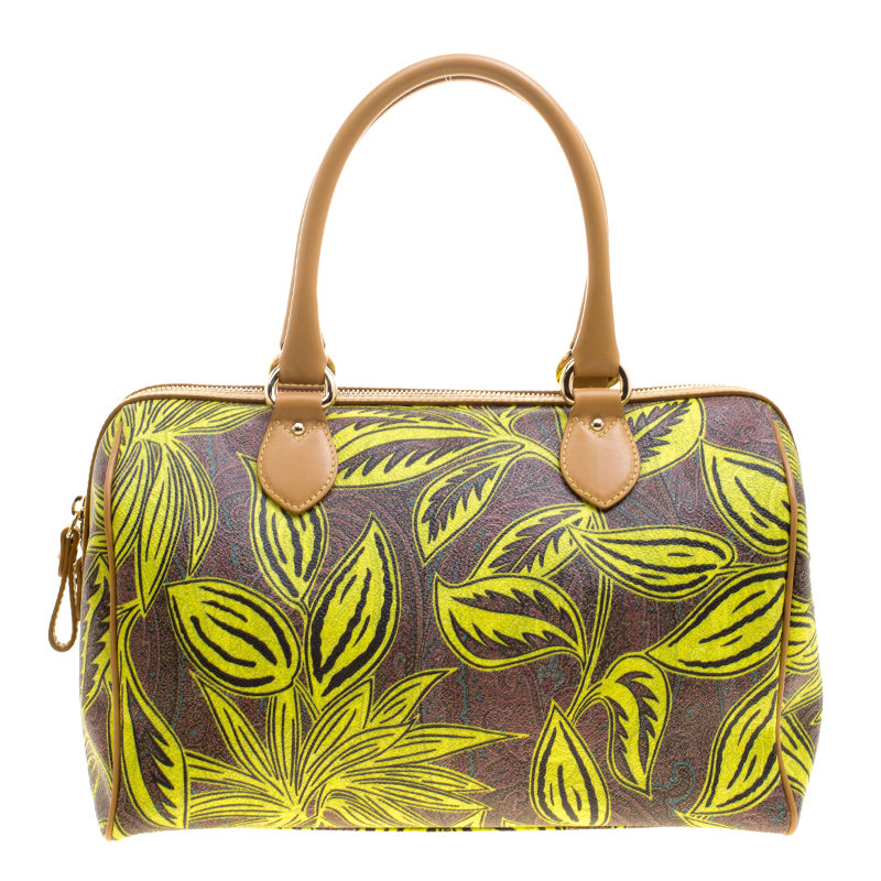 Pre Owned Etro Neon Green Paisley Printed Coated Canvas Satchel