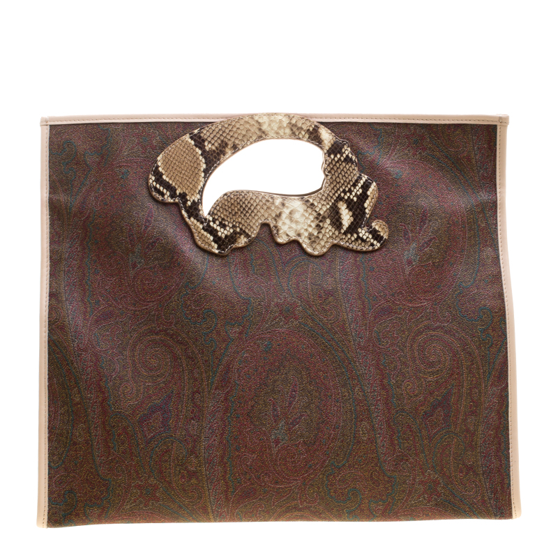 Etro Brown/Beige Paisley Coated Canvas Python Embossed Detail Bag