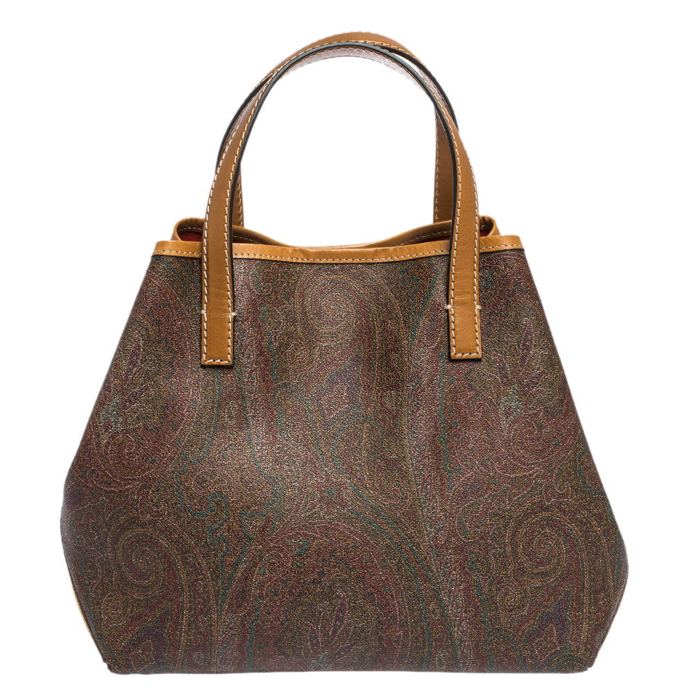 Pre Owned Etro Brown/Mustard Paisley Print Coated Canvas and Leather Tote