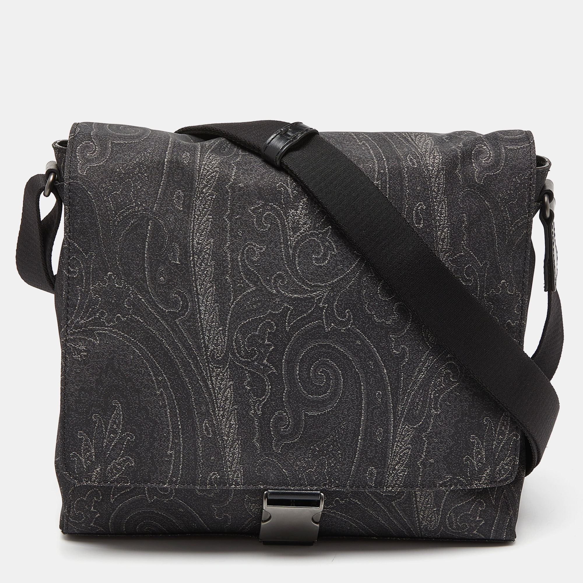 Pre Owned Etro Grey Paisley Nylon and Leather Flap Messenger Bag