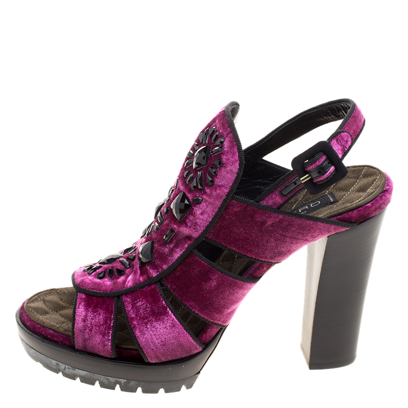 

Etro Purple Velvet Embellished Platform Sandals Size