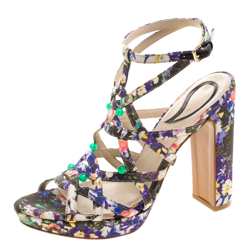 Buy Etro Floral Printed Fabric Block Heel Strappy Sandals Size 40 ...