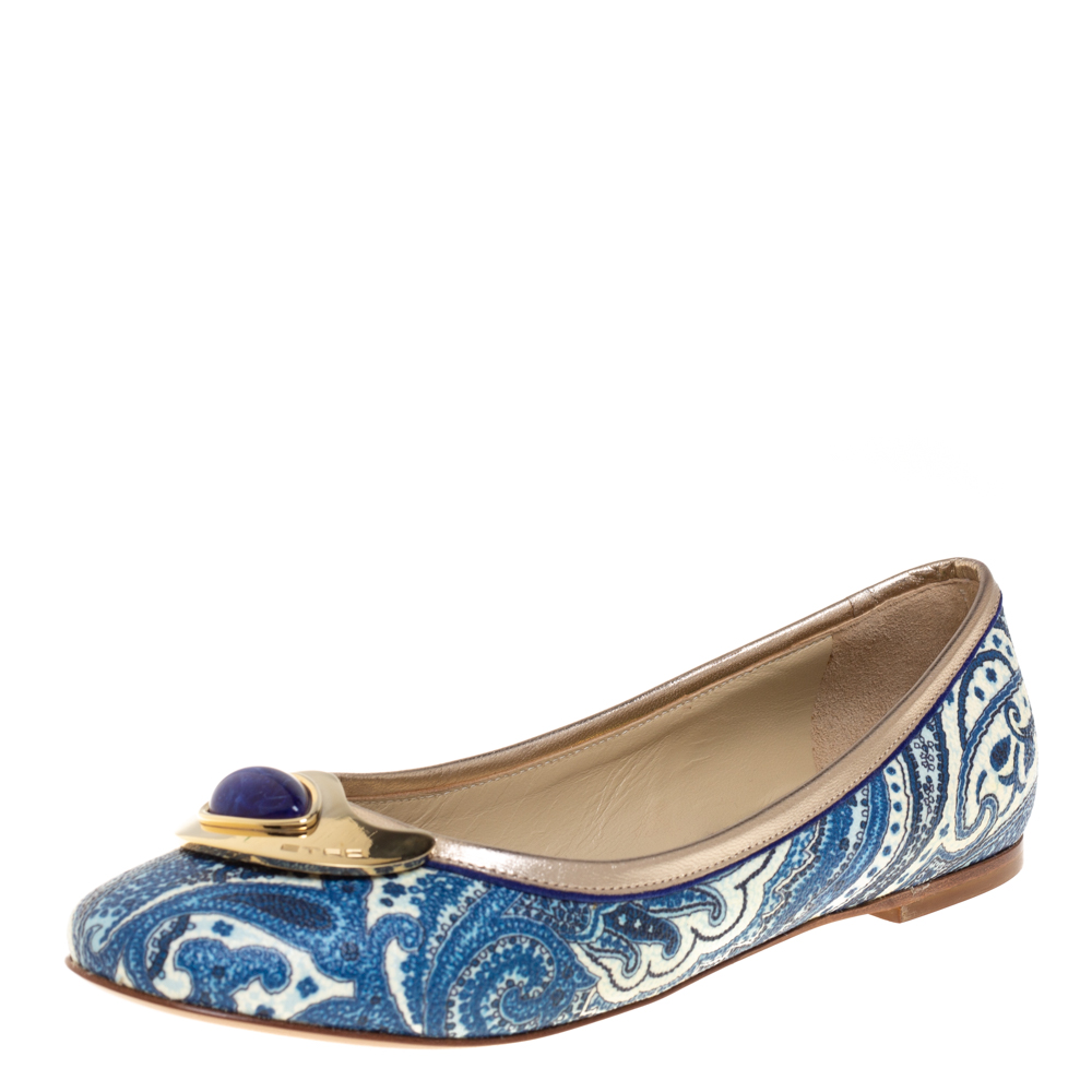 Pre-owned Etro Blue Paisley Printed Coated Canvas Embellished Ballet Flats Size 36