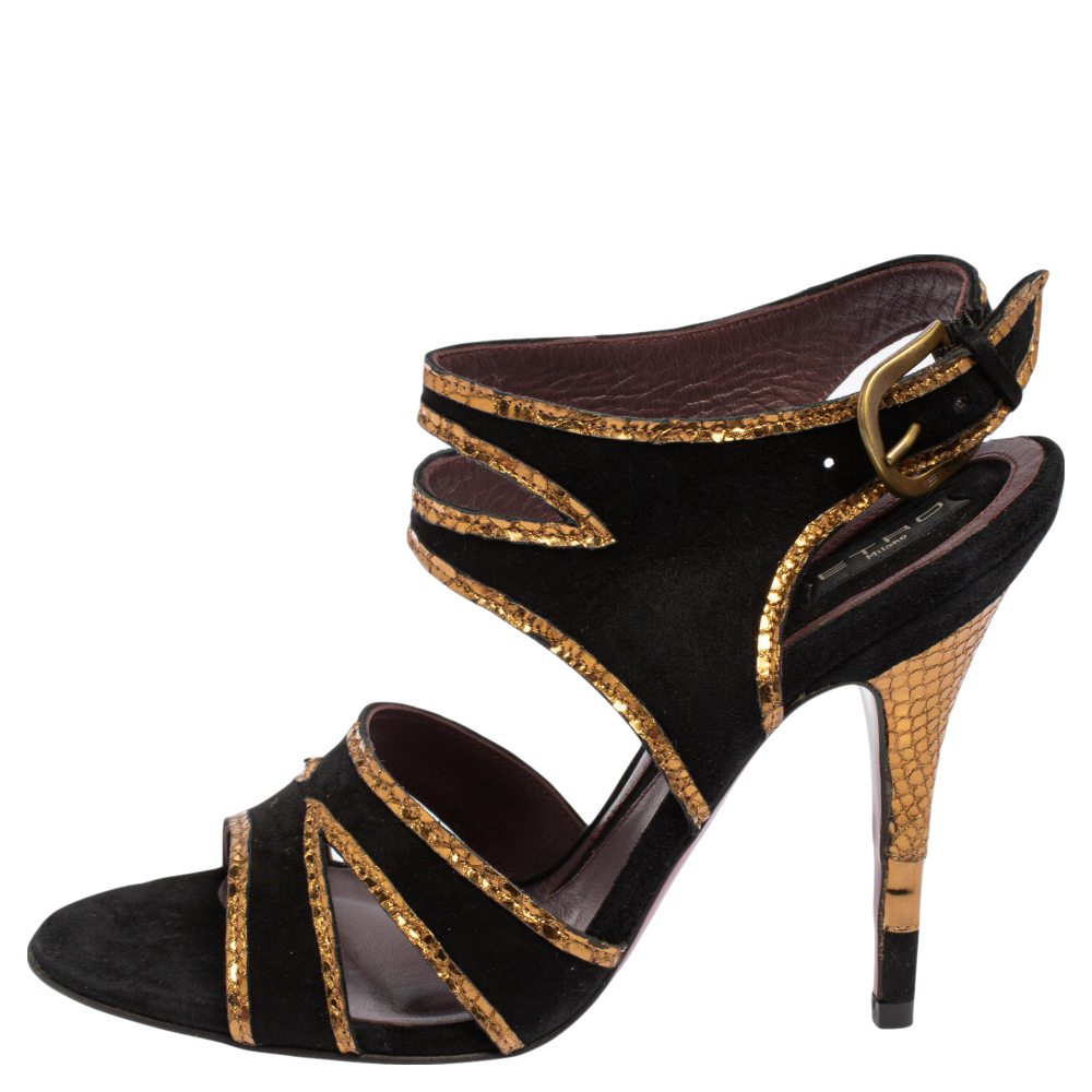 

Etro Black/Gold Suede And Python Embossed Trim Ankle Strap Sandals Size