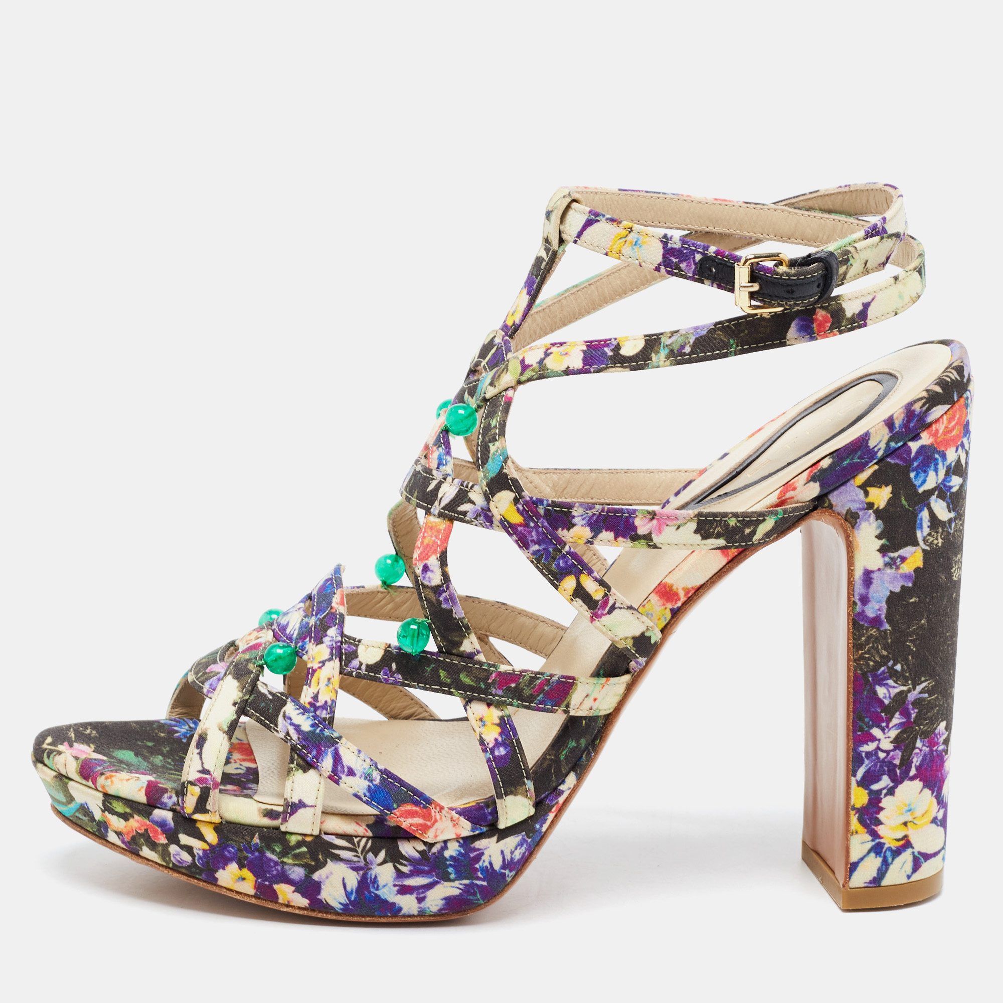 

Etro Multicolor Floral Fabric Studded Platform Ankle Strap Sandals Size