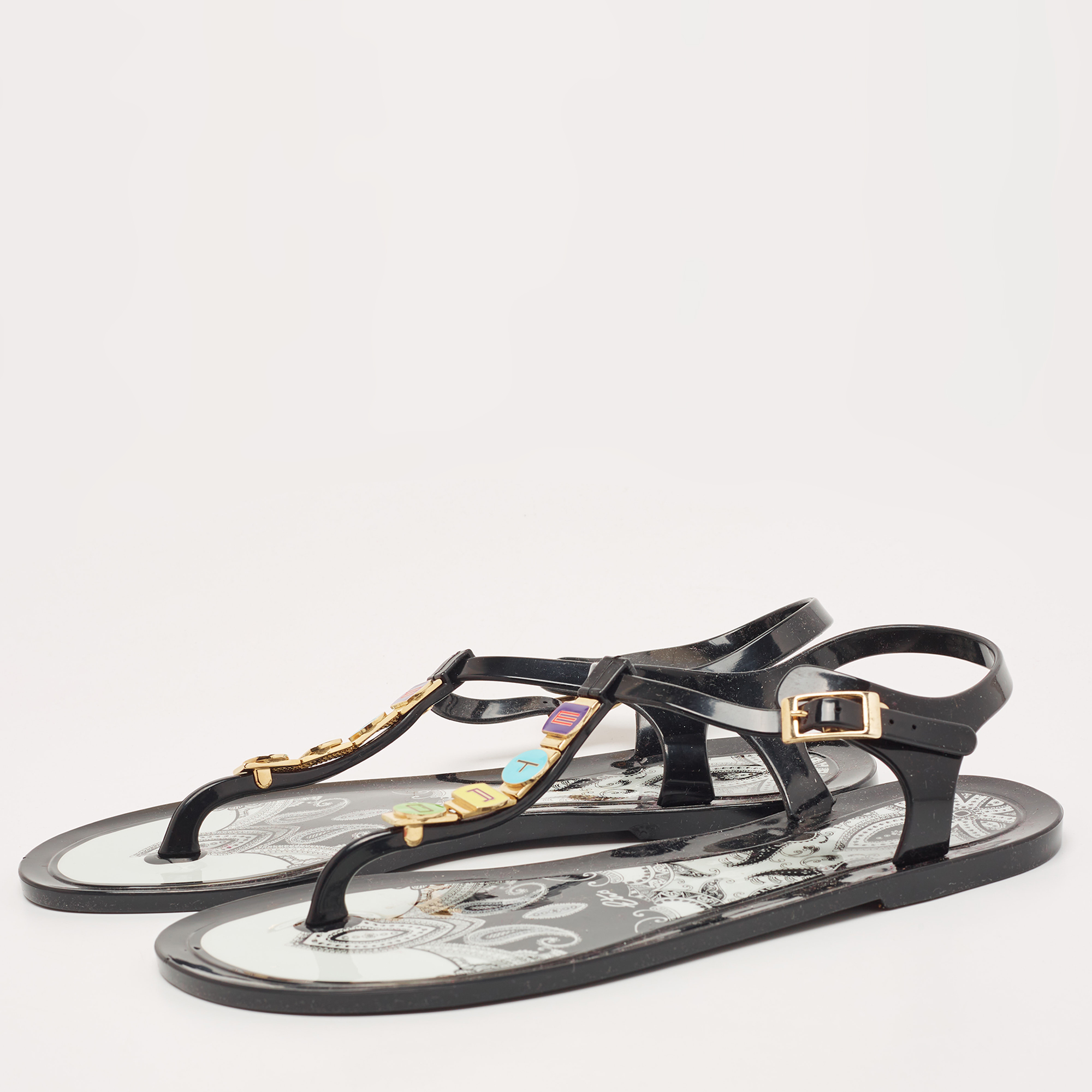 

Etro Black Jelly Metal Logo Embellished Thong Flats Size