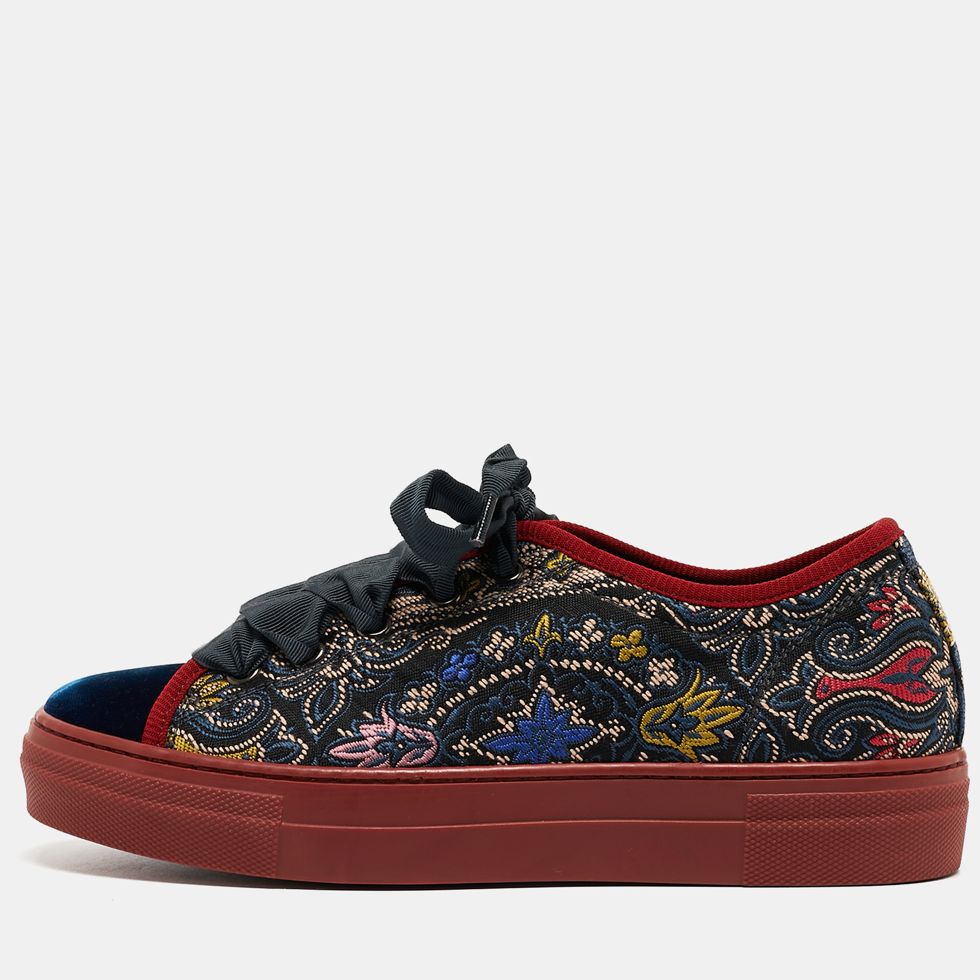 Pre Owned Etro Multicolor Embroidered Fabric and Velvet Low Top Sneakers Size 36