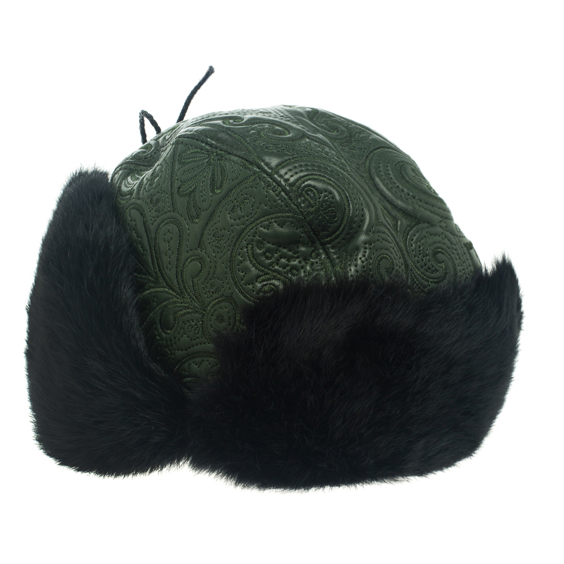 Etro Dark Green Leather and Rabbit Fur Aviator Hat L