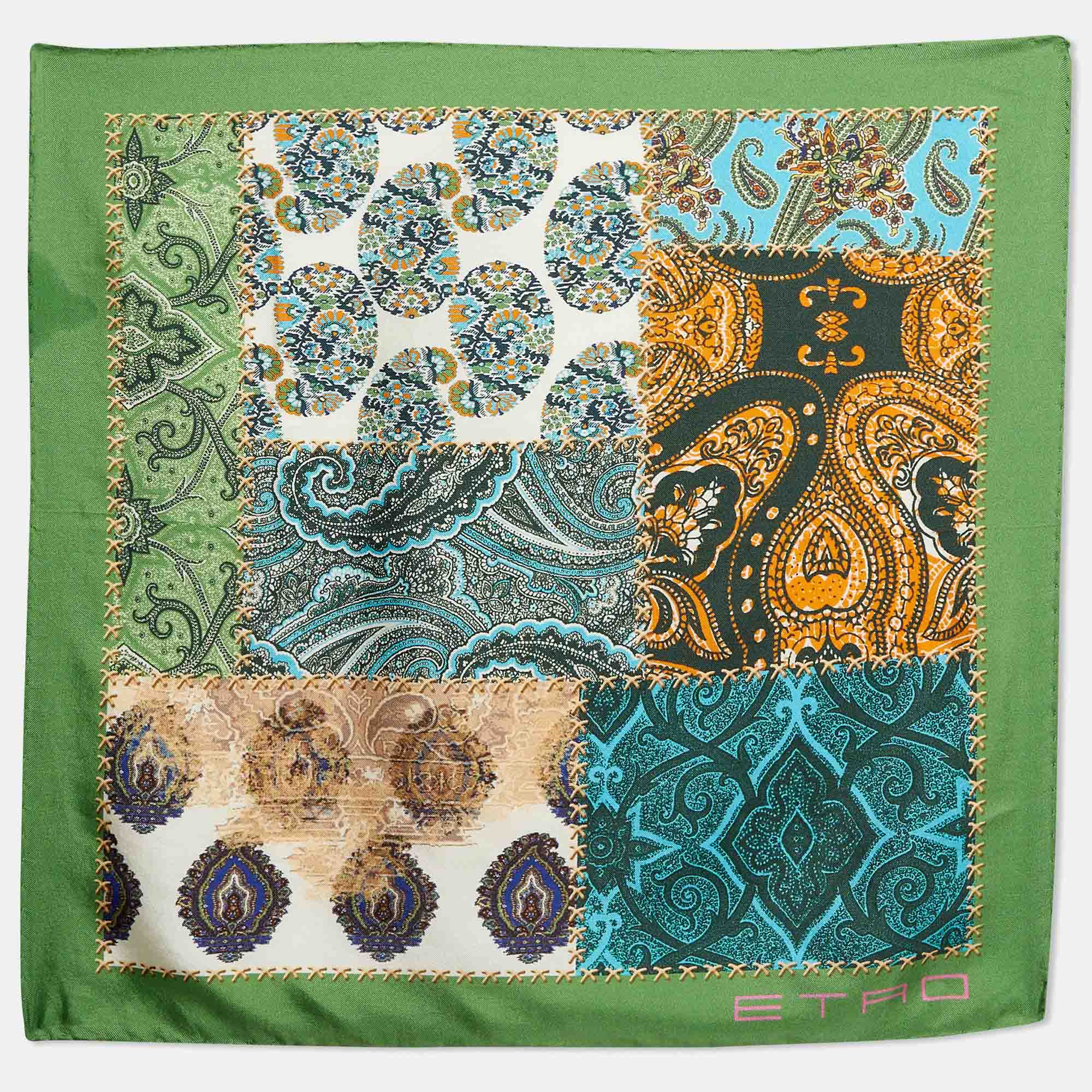 

Etro Green Paisley Print Silk Handkerchief Scarf