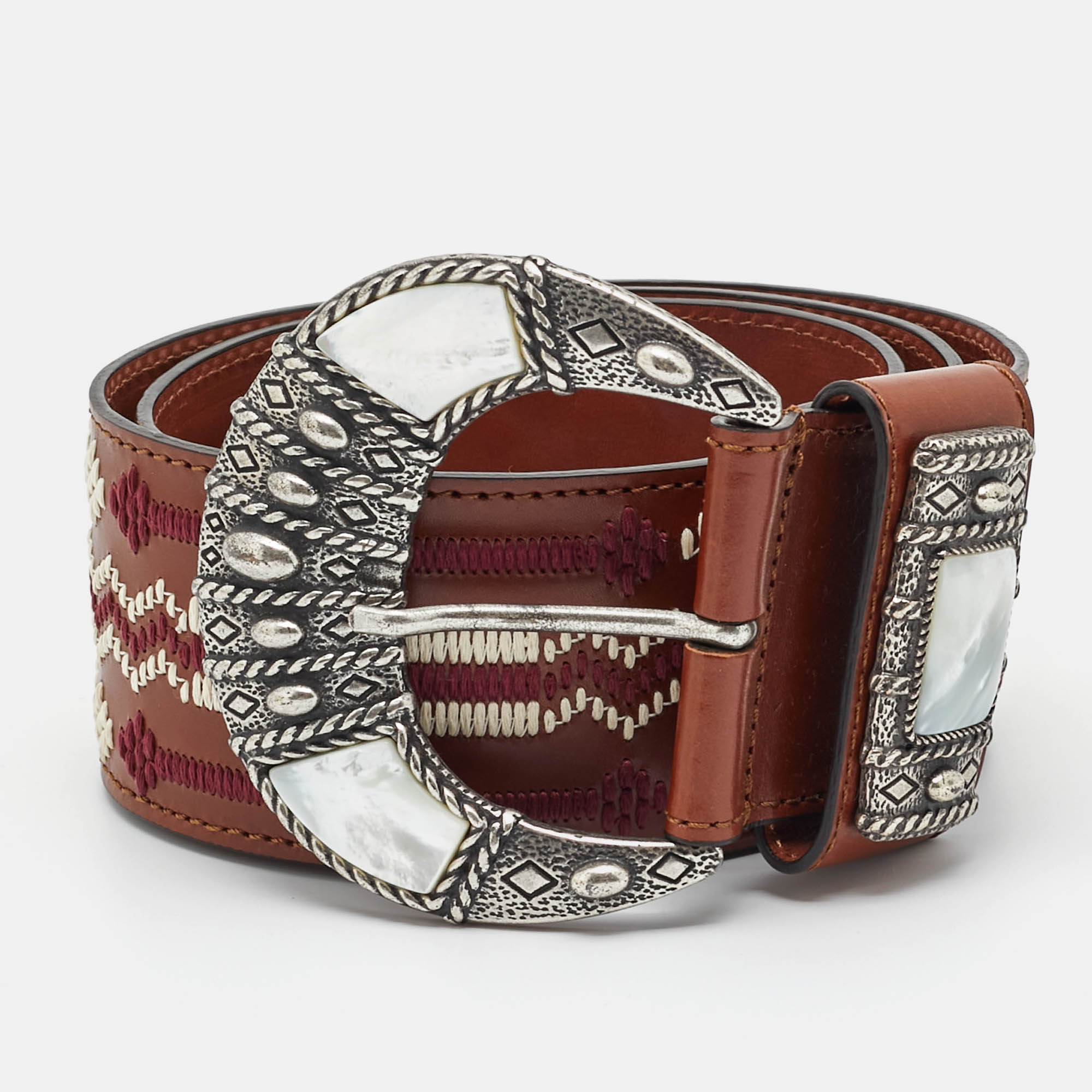 

Etro Brown Embroidered Leather Mother of Pearl Buckle Waist Belt