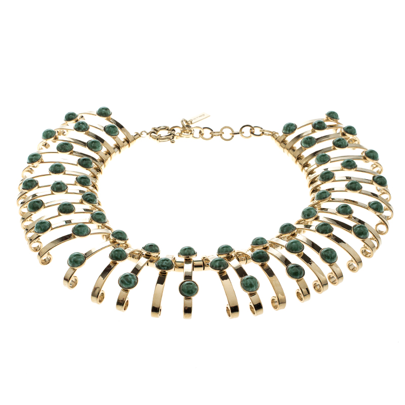 Etro Green Cabochon Gold Tone Binder Choker Necklace