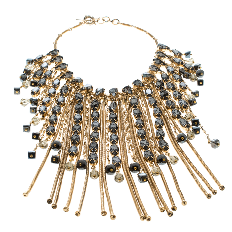 

Etro Crystal Studded Gold Tone Tassel Drop Statement Necklace