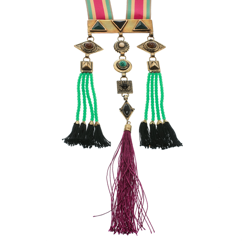 

Etro Multicolor Embellished Gold Tone Tribal Long Tassel Necklace