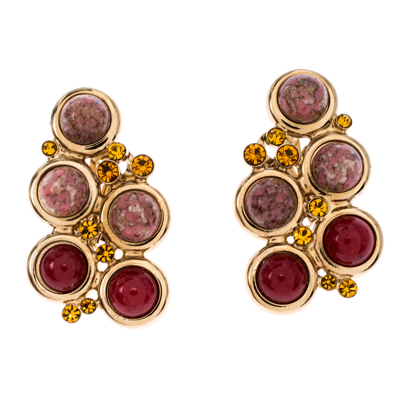 Pre Owned Etro Crystal Cabochon Gold Tone Clip-on Stud Earrings