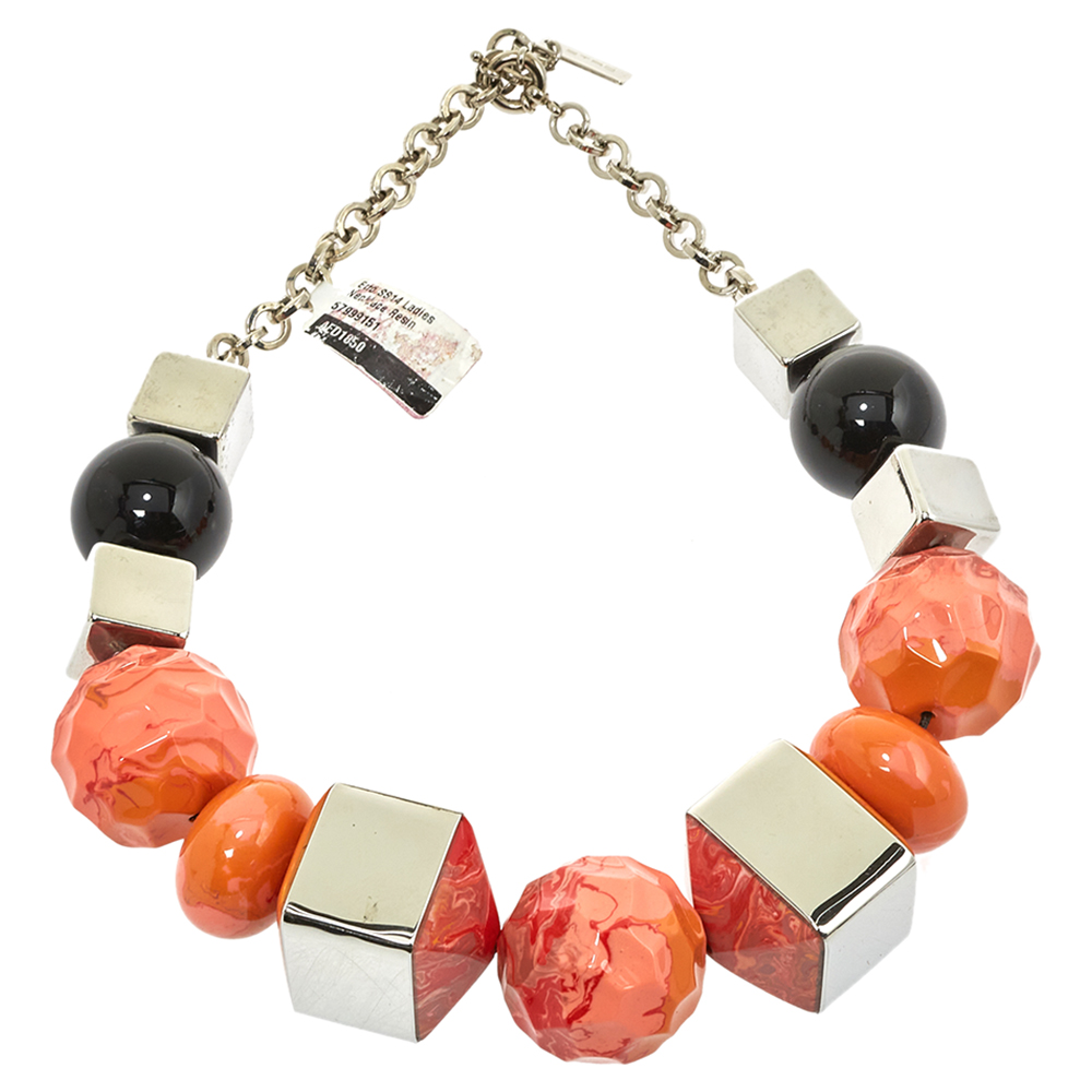 Pre-owned Etro Orange Chunky Beaded Silver Tone Necklace