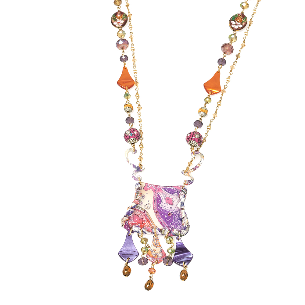 Pre-owned Etro Multicolor Beaded Paisley Print Pendant Necklace