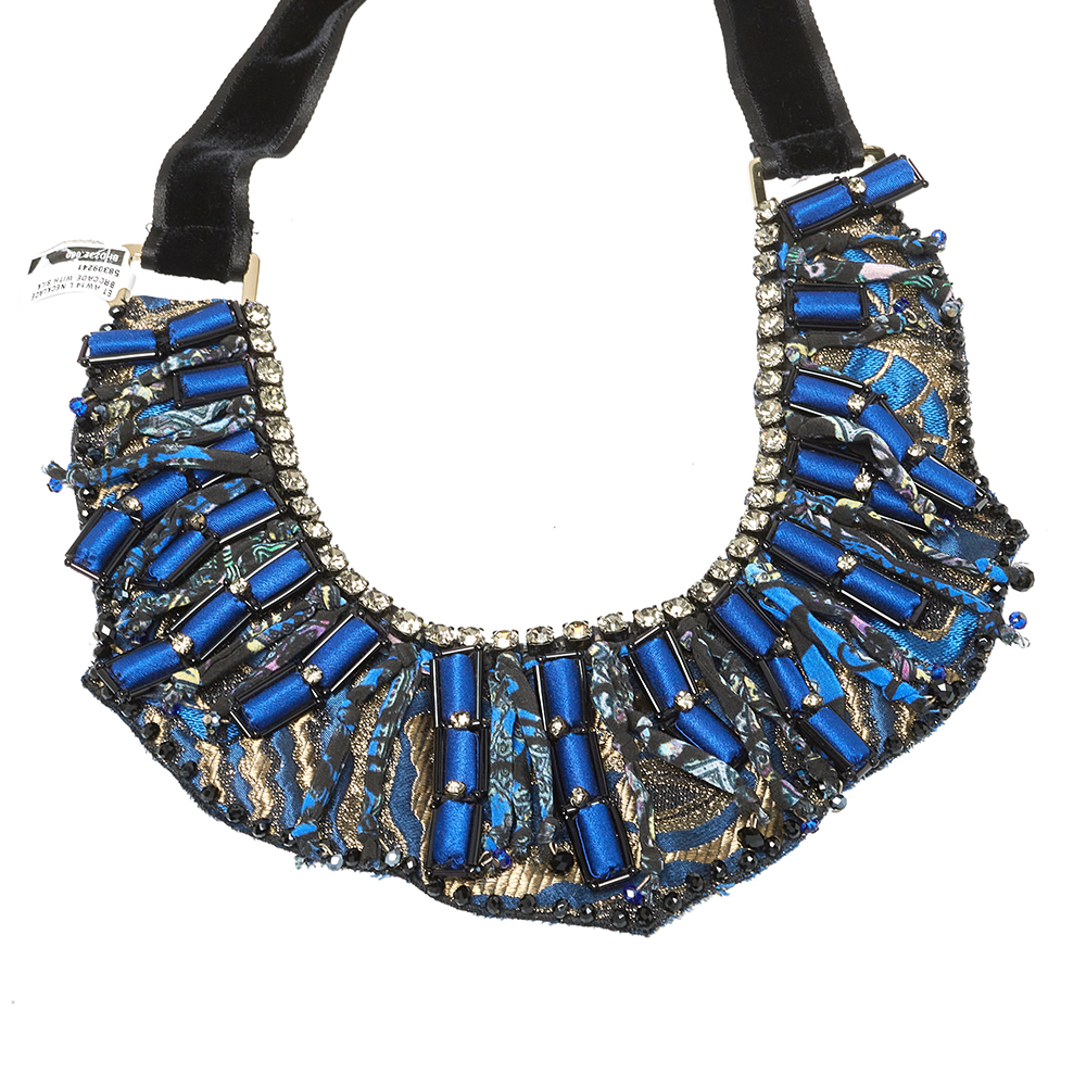 

Etro Blue Silk Brocade Crystal and Bead Statement Necklace