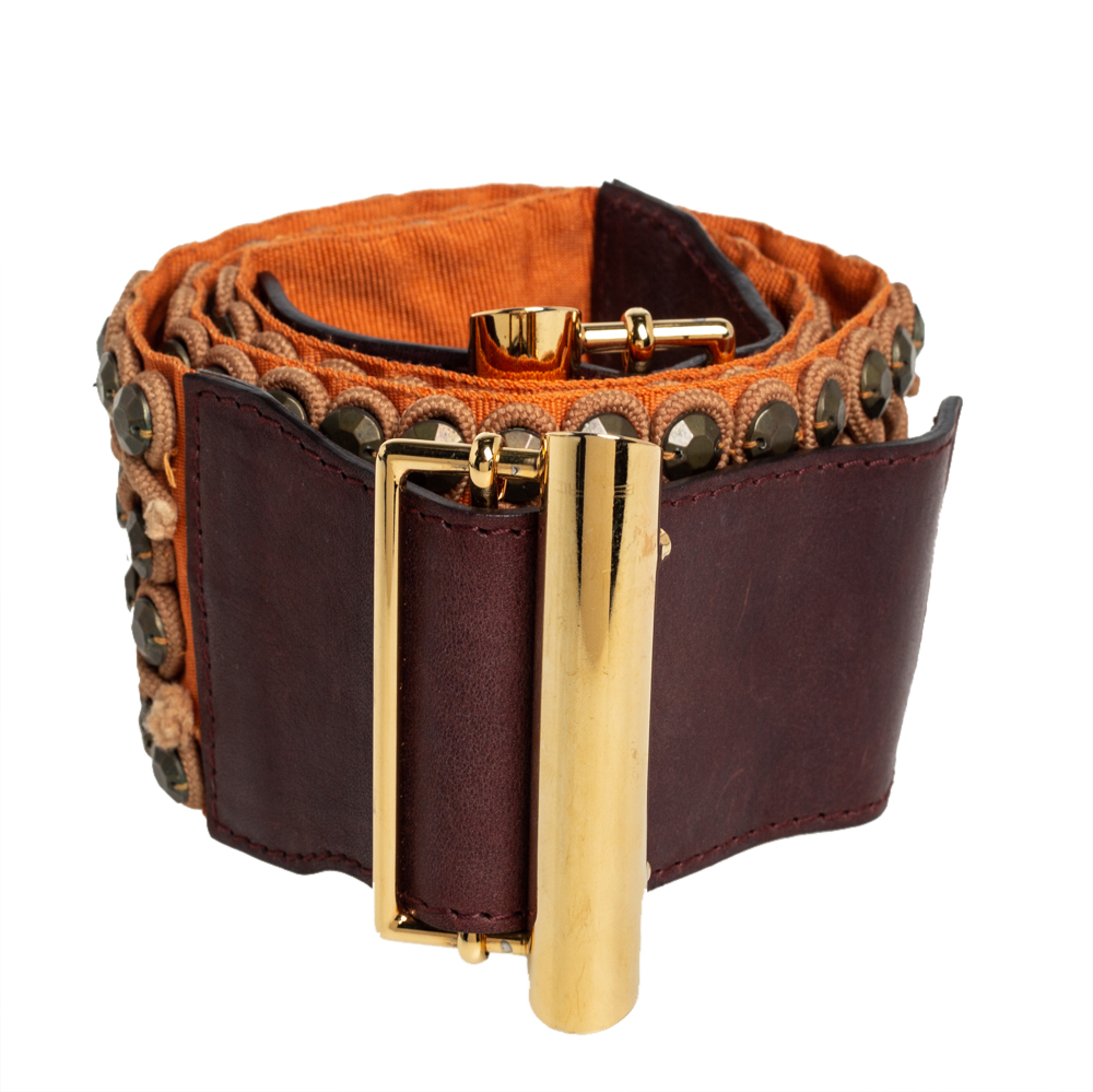 

Etro Orange/Brown Leather and Fabric Studded Waist Belt