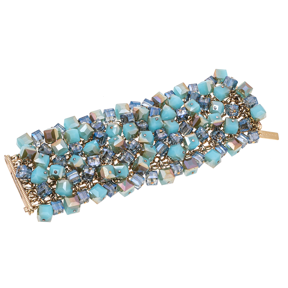 

Etro Blue Glass Cube Studded Gold Tone Wide Bracelet