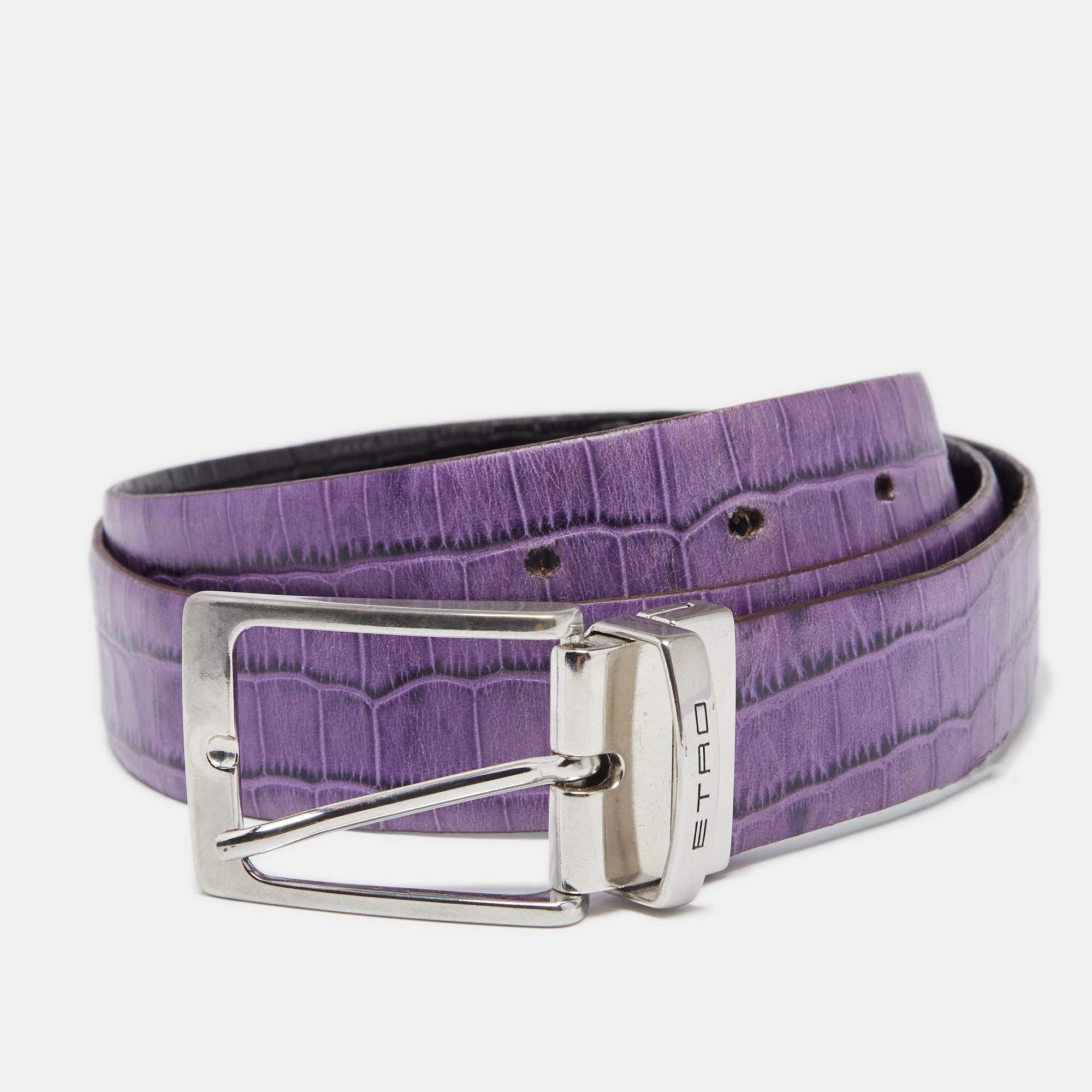 

Etro Black/Purple Croc Embossed Leather Reversible Cut to Size Buckle Belt