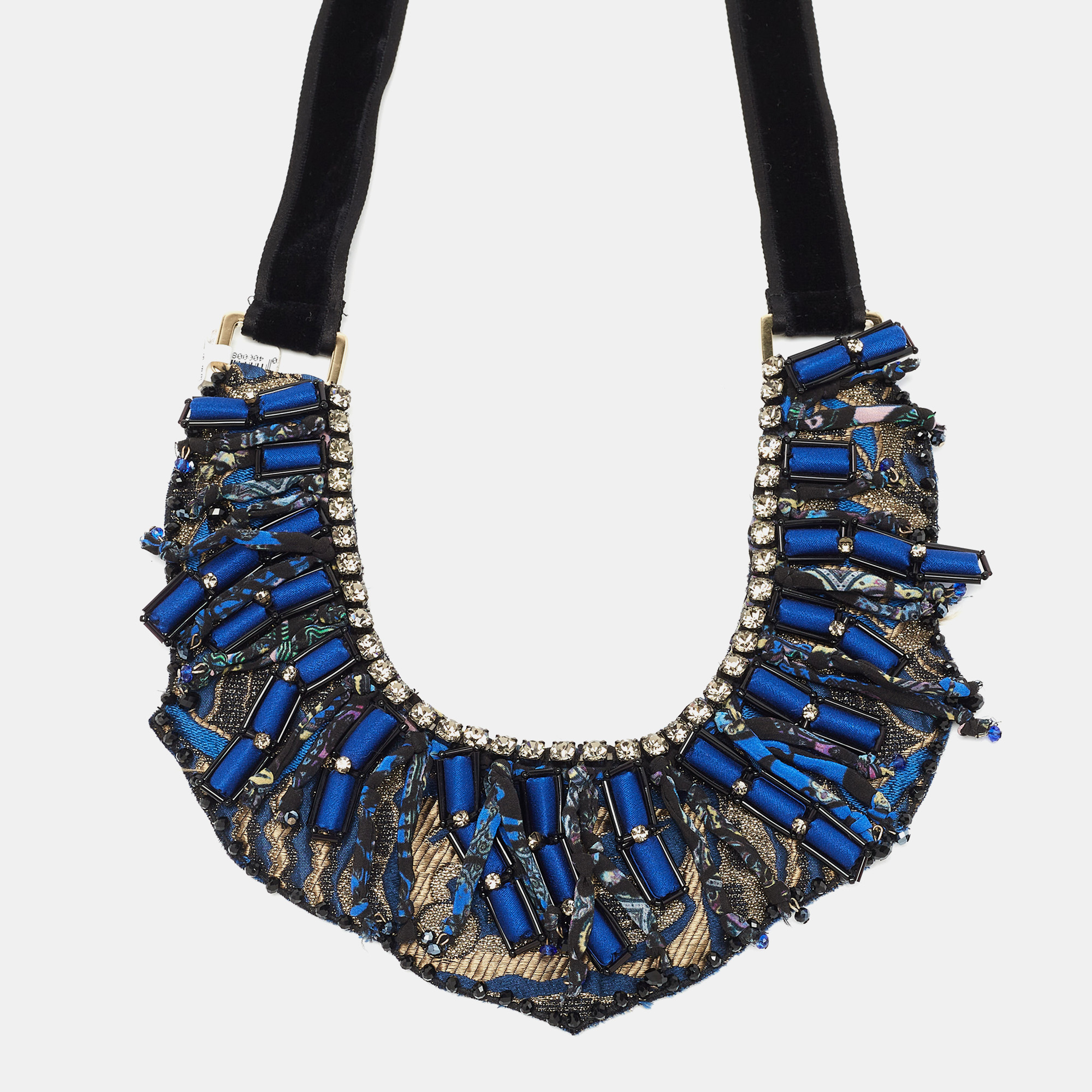 Pre-owned Etro Blue Silk Brocade Crystal Bead Statement Fabric Necklace