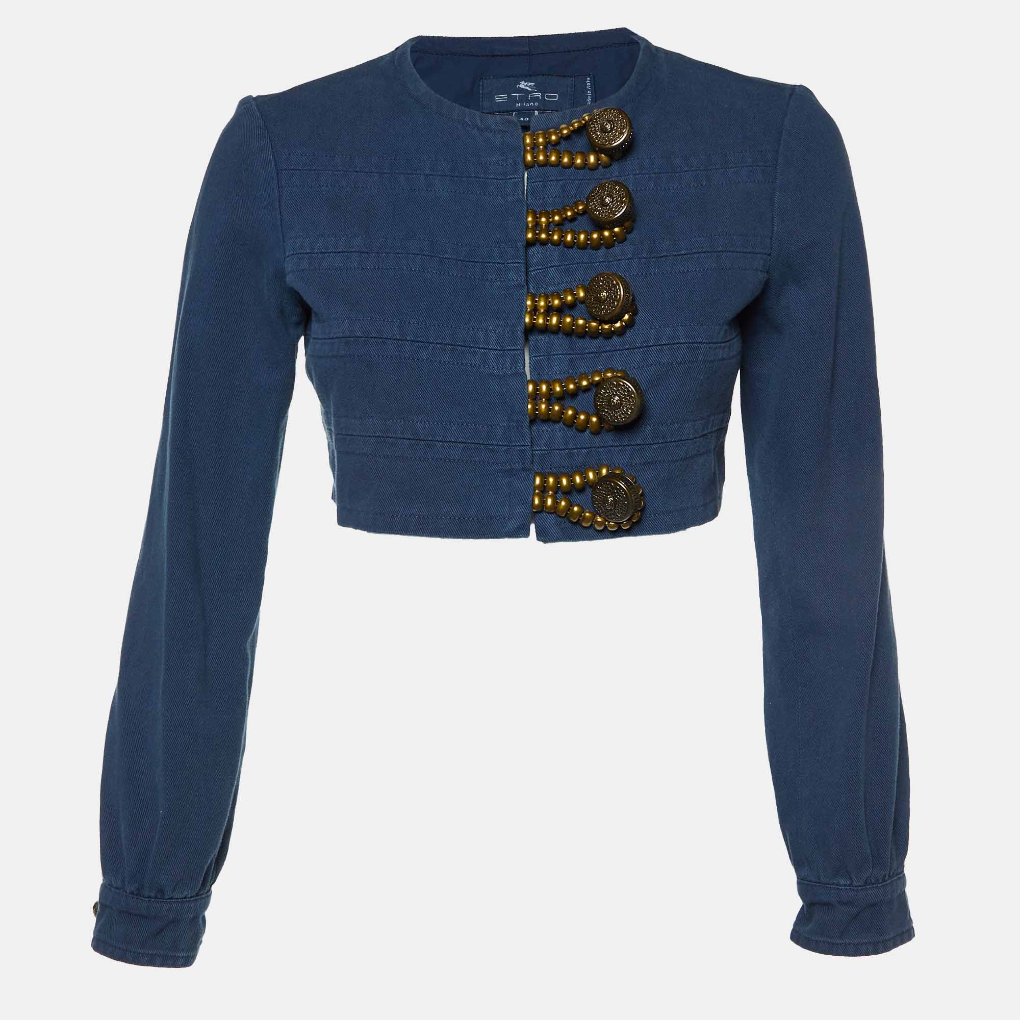 

Etro Blue Gabardine Cotton Button Detail Cropped Jacket S