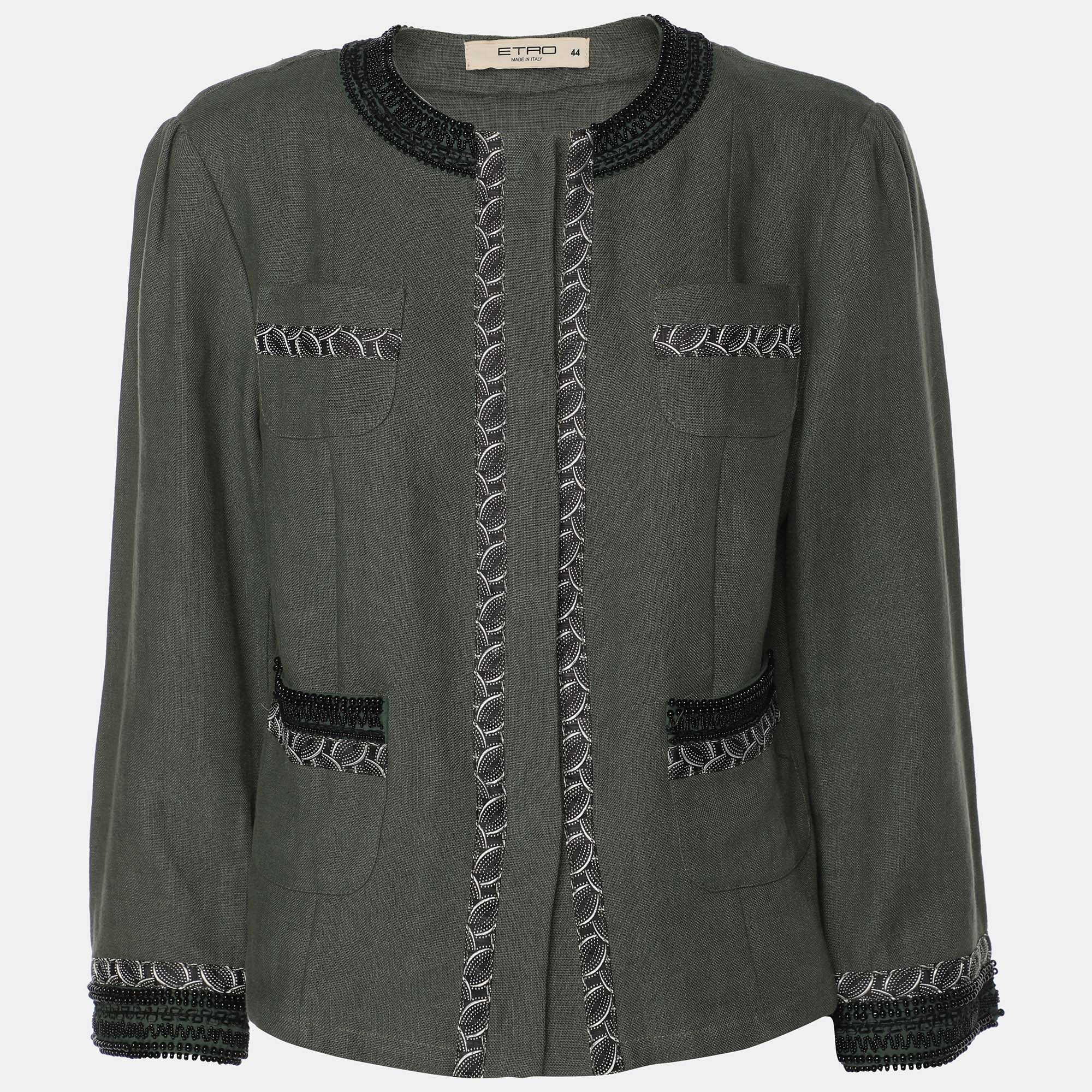 

Etro Green Linen Embellished Button Front Jacket M