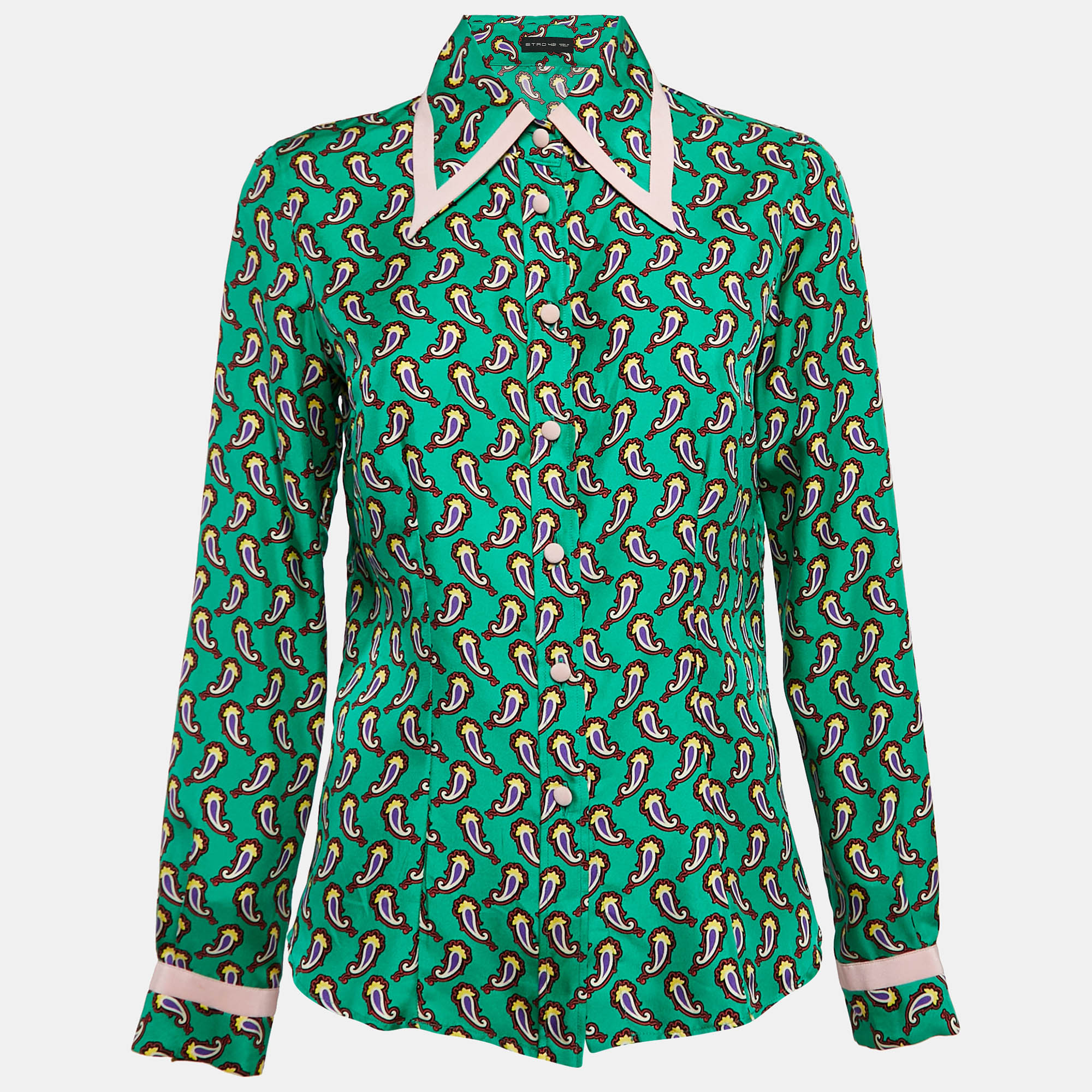 

Etro Green Silk Paisley Print Button Front Shirt M