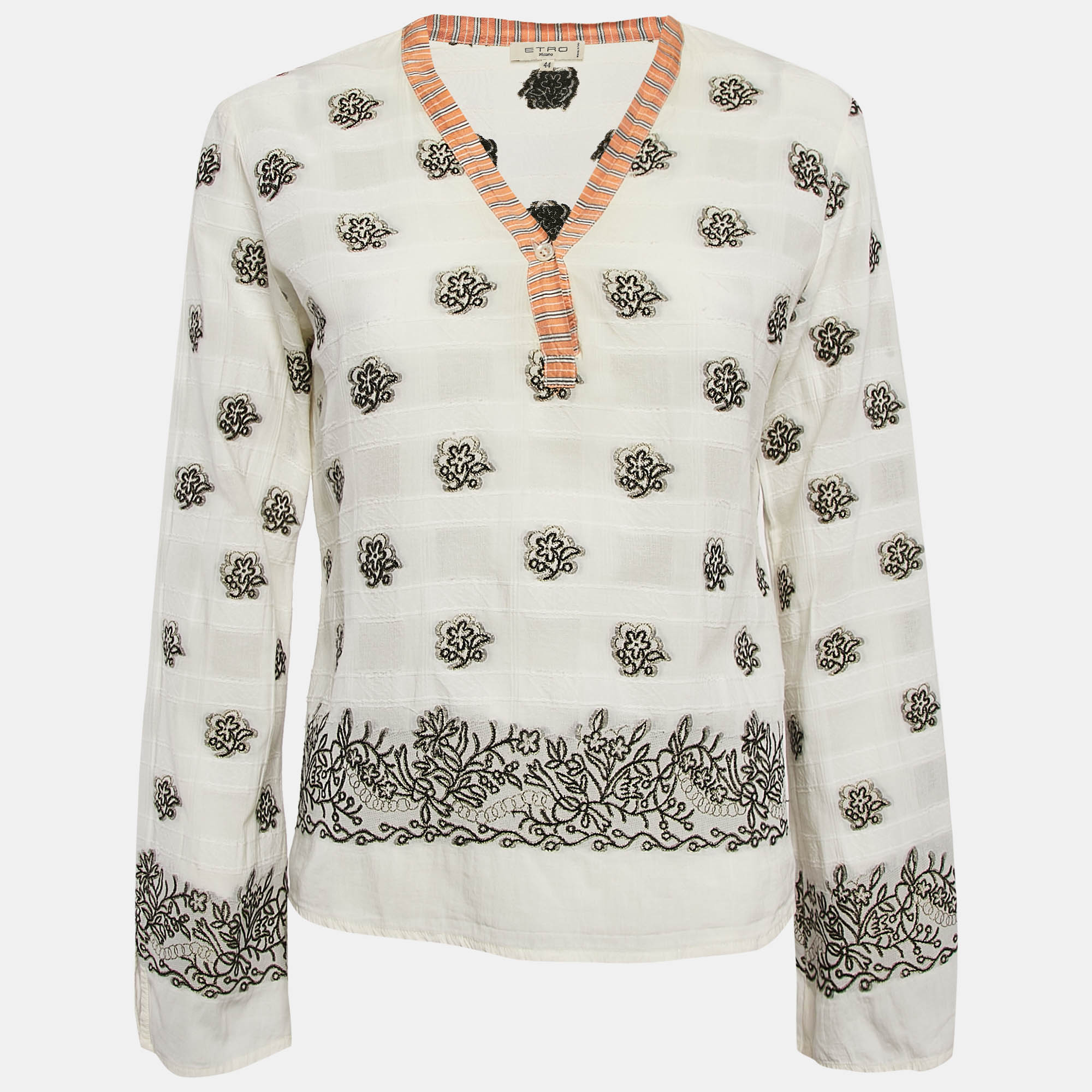 

Etro White Textured Brocade V-Neck Top M